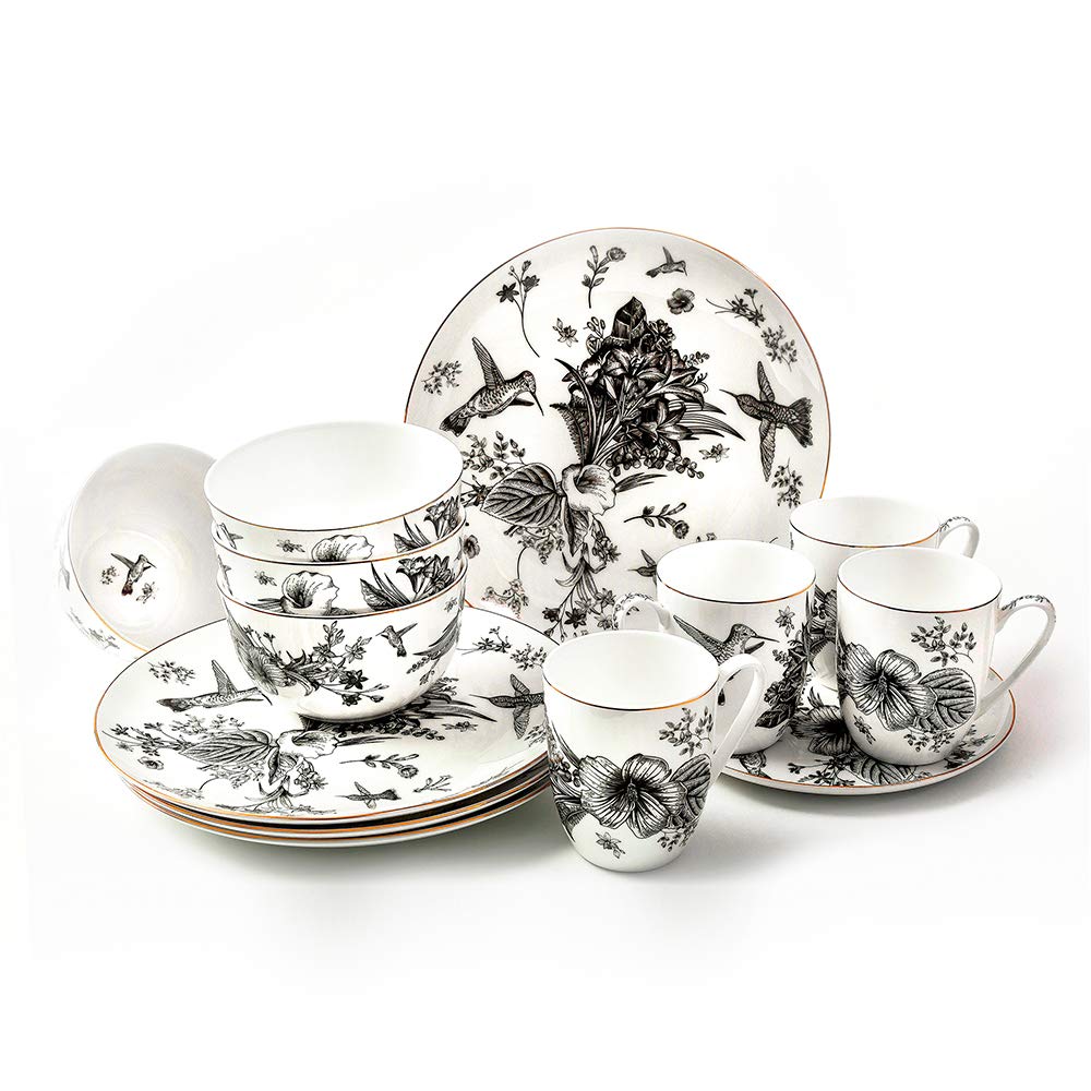 KOKEN 4-Piece Ceramic Dinnerware Set - Botanic Plates & Bowls for Salad, Dessert & Cereal | Microwave Safe Bone China Dishes | Perfect for Family Dining, Dinner Parties & Everyday Use