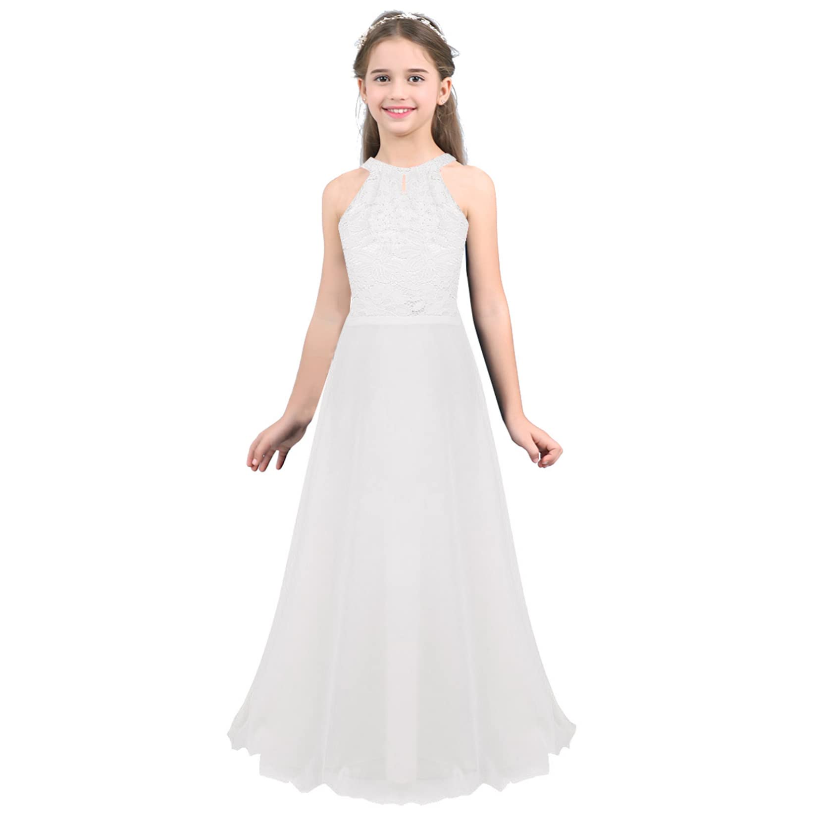 Yartina Girls Princess Floral Lace Halter Dress with Cutout Back - Elegant Pageant, Bridesmaid & Formal Party Gown for Special Occasions | Perfect for Weddings, Birthday Celebrations and Photo Shoots