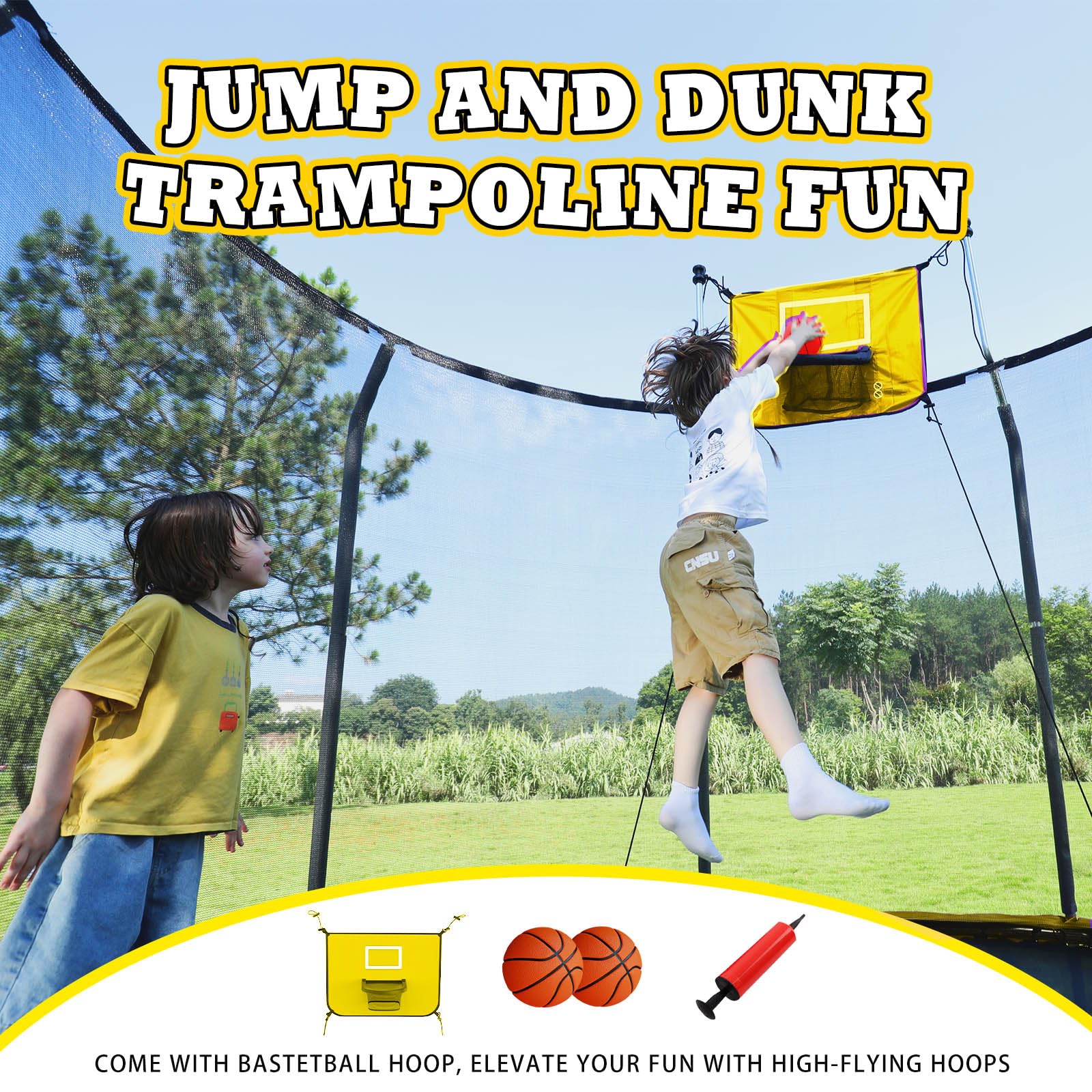 8FT 10FT 12FT 14FT Outdoor Trampoline with Basketball Hoop, LED Lights, Safety Net & Ladder - ASTM Approved for Kids & Adults | Backyard Fun, Exercise, Family Recreation