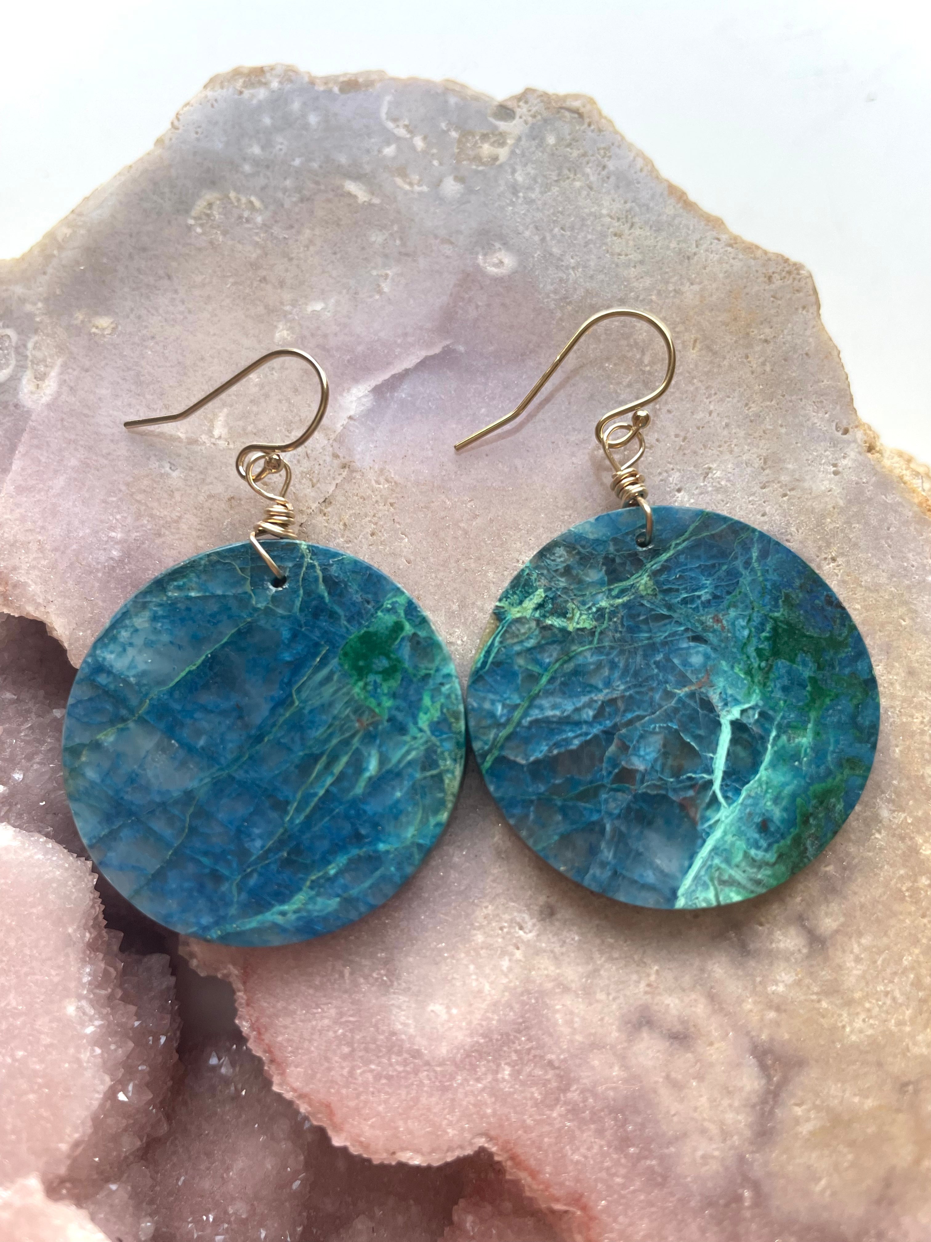 Chrysocolla Gold Filled Statement Crystal Gemstone Earrings for Women | Elegant Dangle Drop Earrings for Party, Wedding & Special Occasions