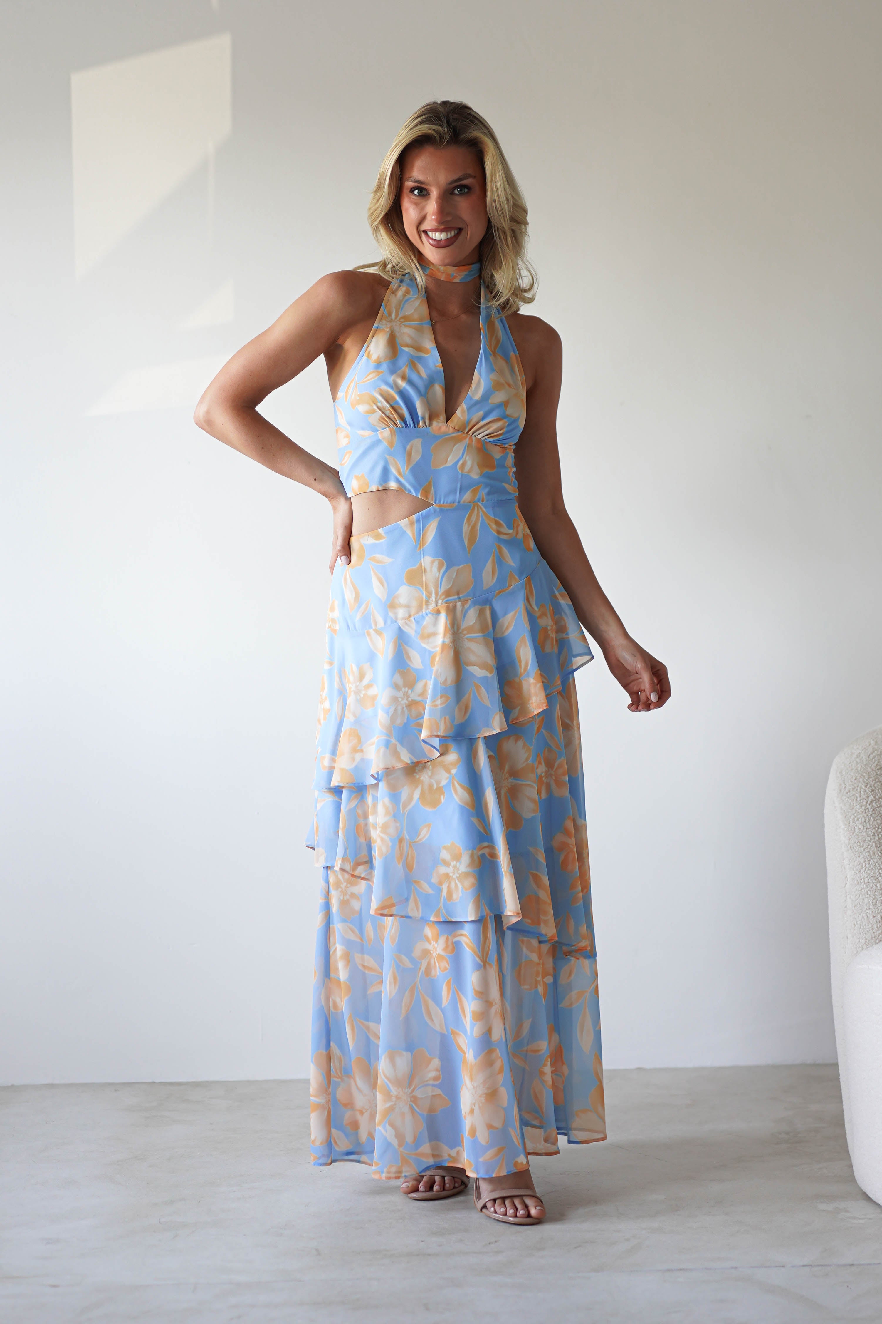 Lohan Women's Blue Floral Print Ruffle Maxi Dress - Elegant Summer Beach Dress for Vacation, Party & Casual Wear