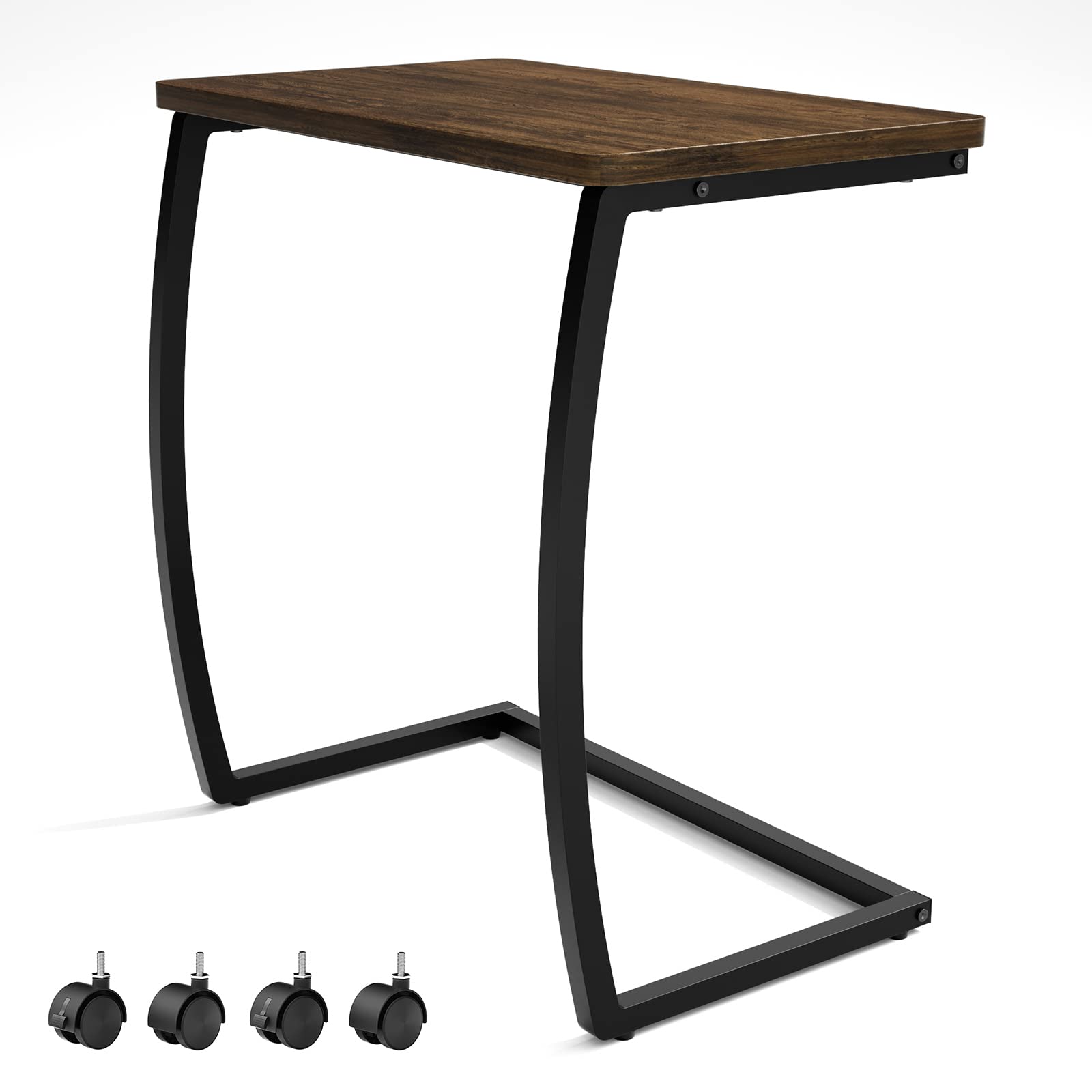 SRIWATANA C-Shaped End Table with Wheels - Rustic Sofa Side Table for Living Room, Bedroom, Office - Dark Walnut Rolling Coffee Table for Laptop, Snacks & Drinks - Perfect for Small Spaces & Home Decor