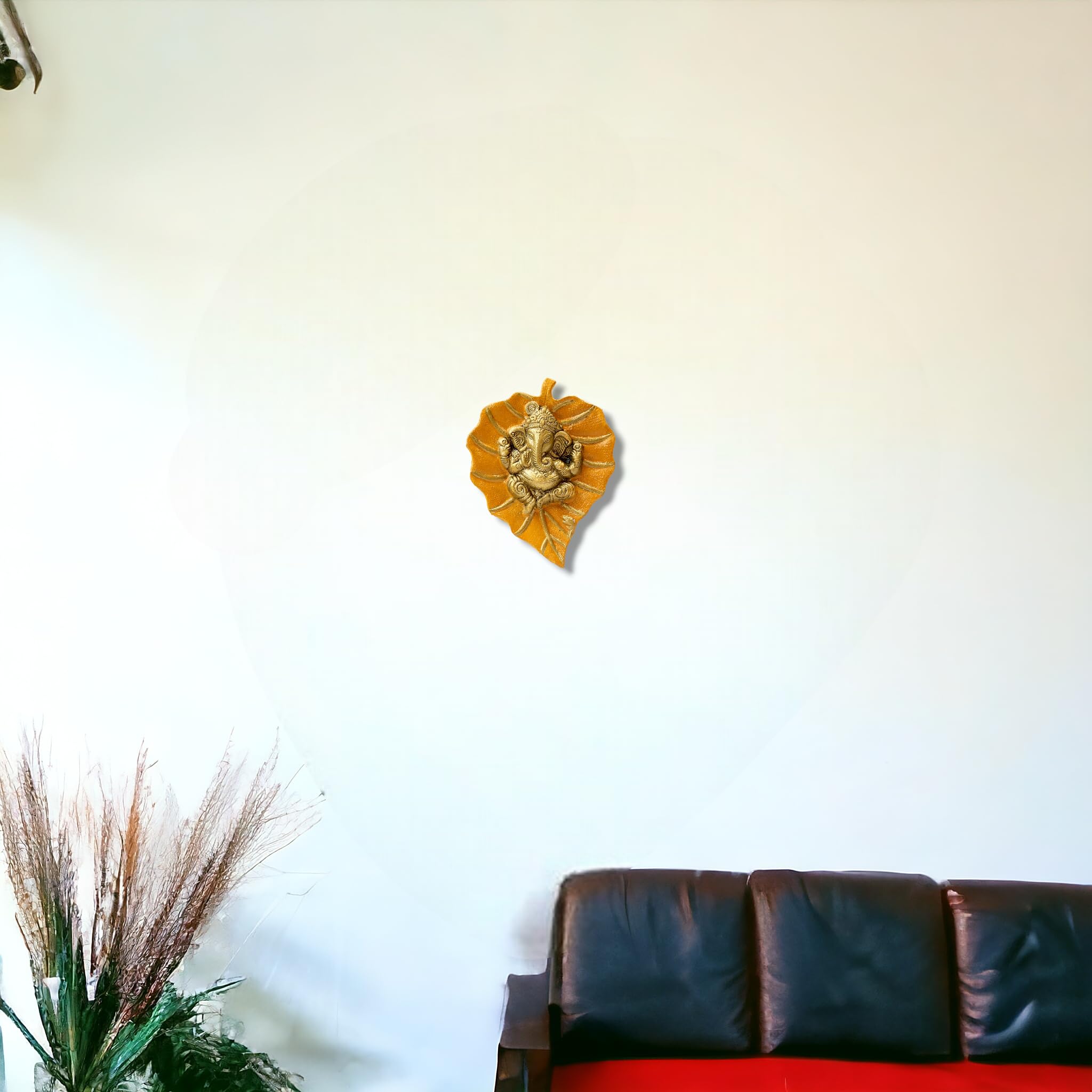 Charmy Crafts Metal Ganesha On Leaf Wall Hanging - Handmade Indian Home Decor for Living Room, Bedroom & Office - Perfect Housewarming Gift & Wedding Present (Mustard Yellow) | Spiritual Decor for Meditation Spaces & Yoga Studios