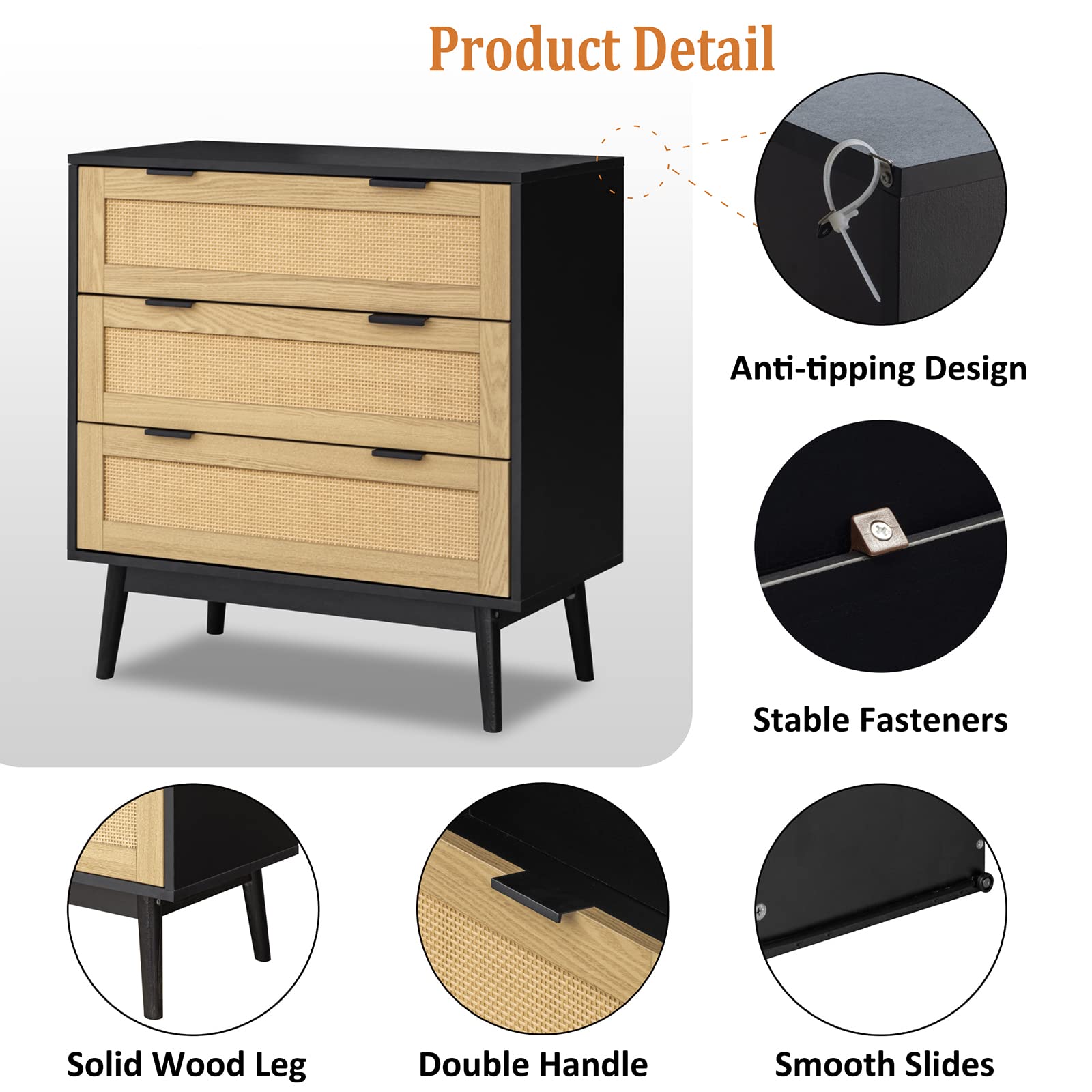 3 Drawer Dresser for Bedroom - Modern Wooden Chest of Drawers with Rattan Storage | Black Dresser Organizer for Closet, Living Room, Hallway & Entryway | Perfect for Bedroom Storage, Closet Organization & Home Decor