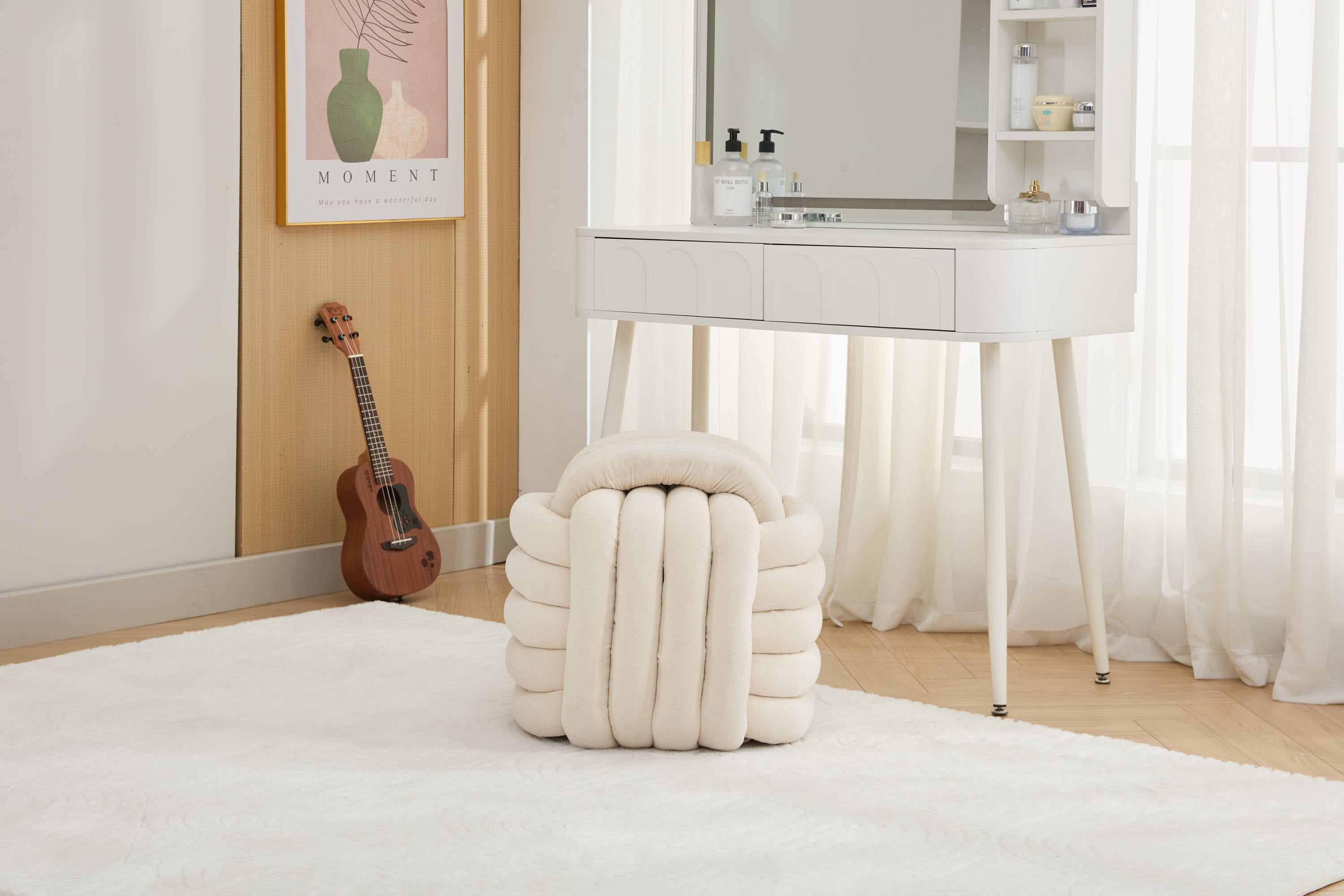 Modern Knot Design Chenille Fabric Ottoman Footstool - Comfortable & Stylish Makeup Stool for Living Room, Bedroom - Beige Home Decor Accent | Perfect for Lounging, Reading Nook & Vanity Seating