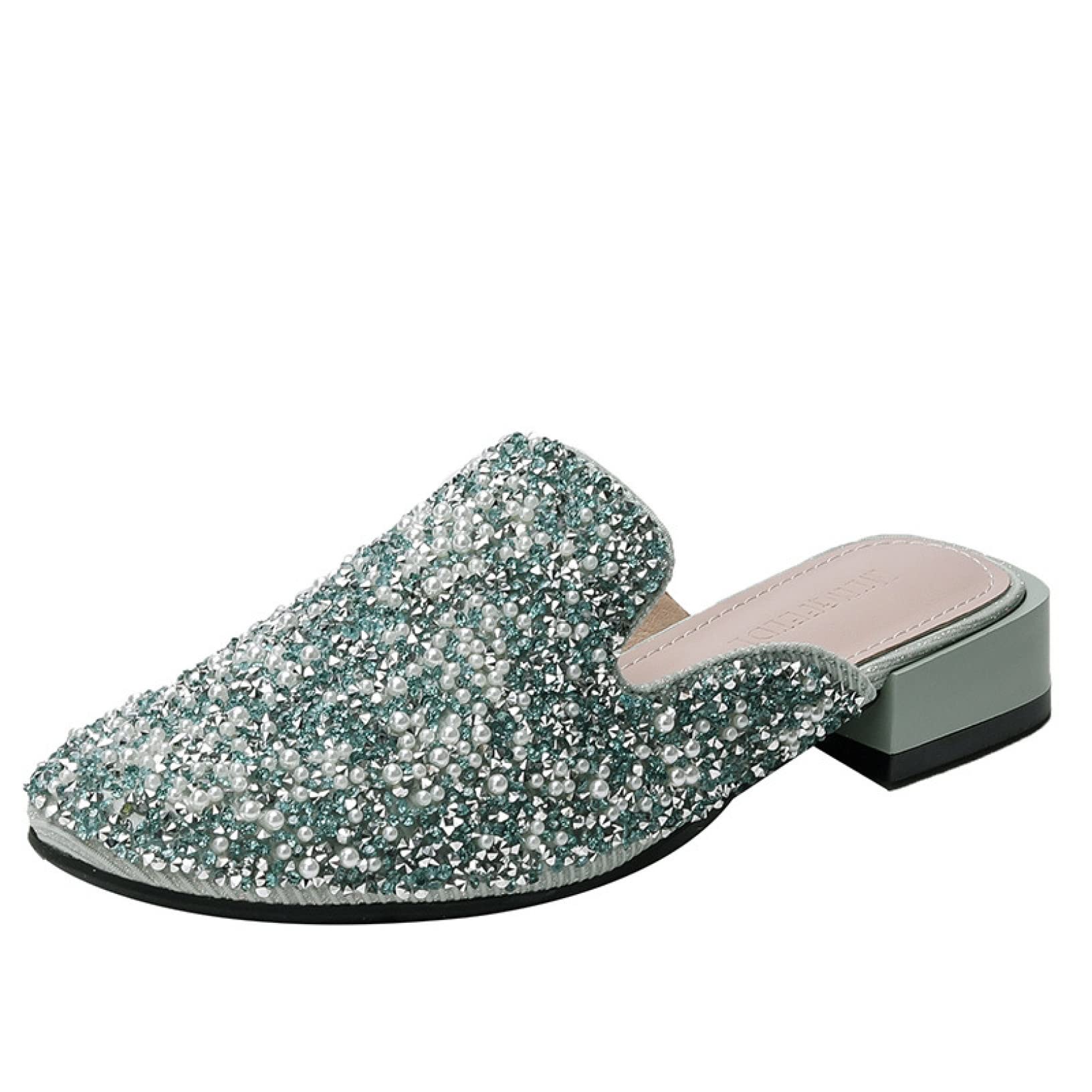 Stylish Sequins Rhinestone Backless Mules for Women - Round Toe Slip-On Comfortable Low Heel Flats - Perfect for Parties, Weddings & Evening Events
