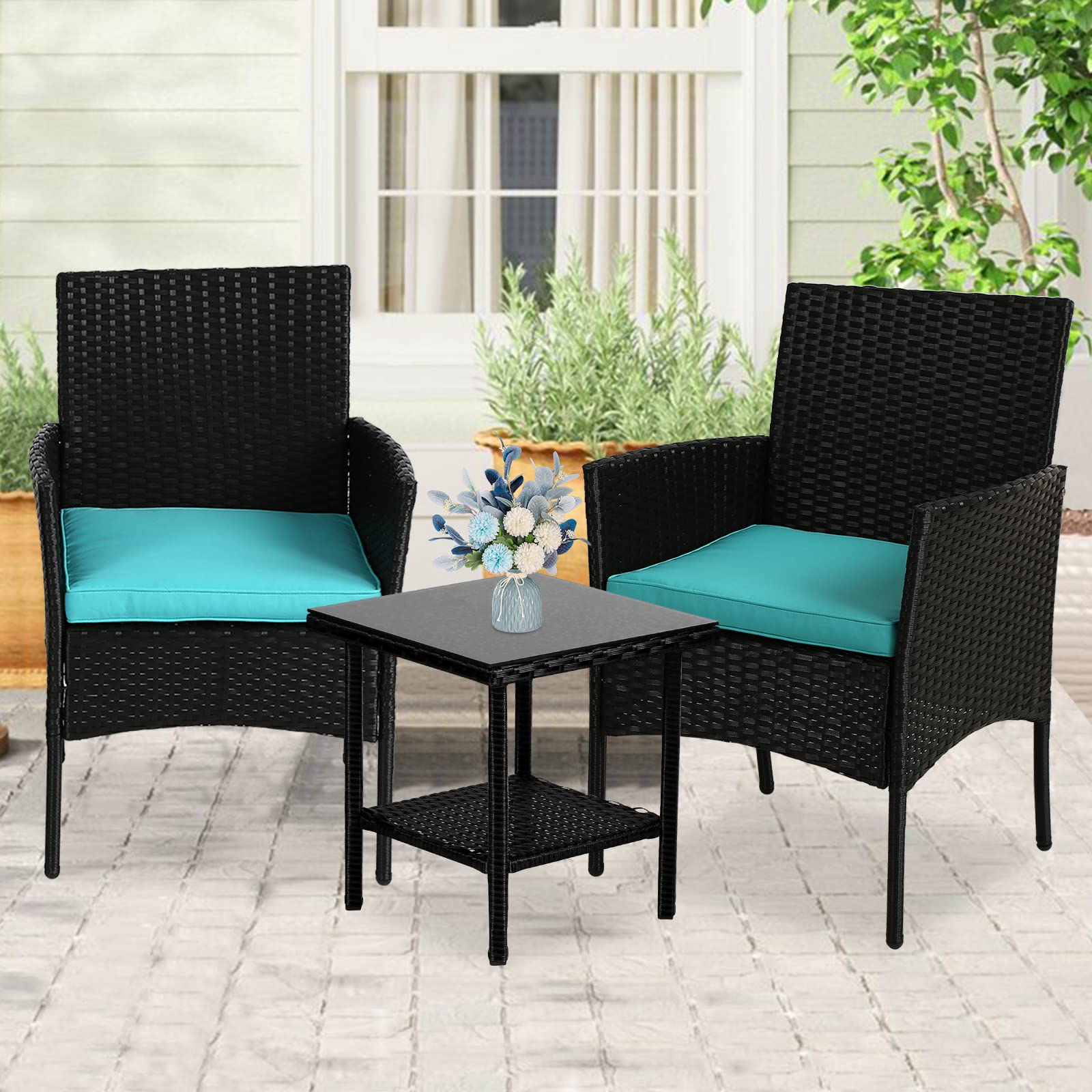 PIKAQTOP 3-Piece Outdoor Patio Furniture Set - PE Rattan Wicker Bistro Set with Cushions & Glass Coffee Table, Space-Saving Blue Conversation Set for Garden, Balcony or Poolside Relaxation