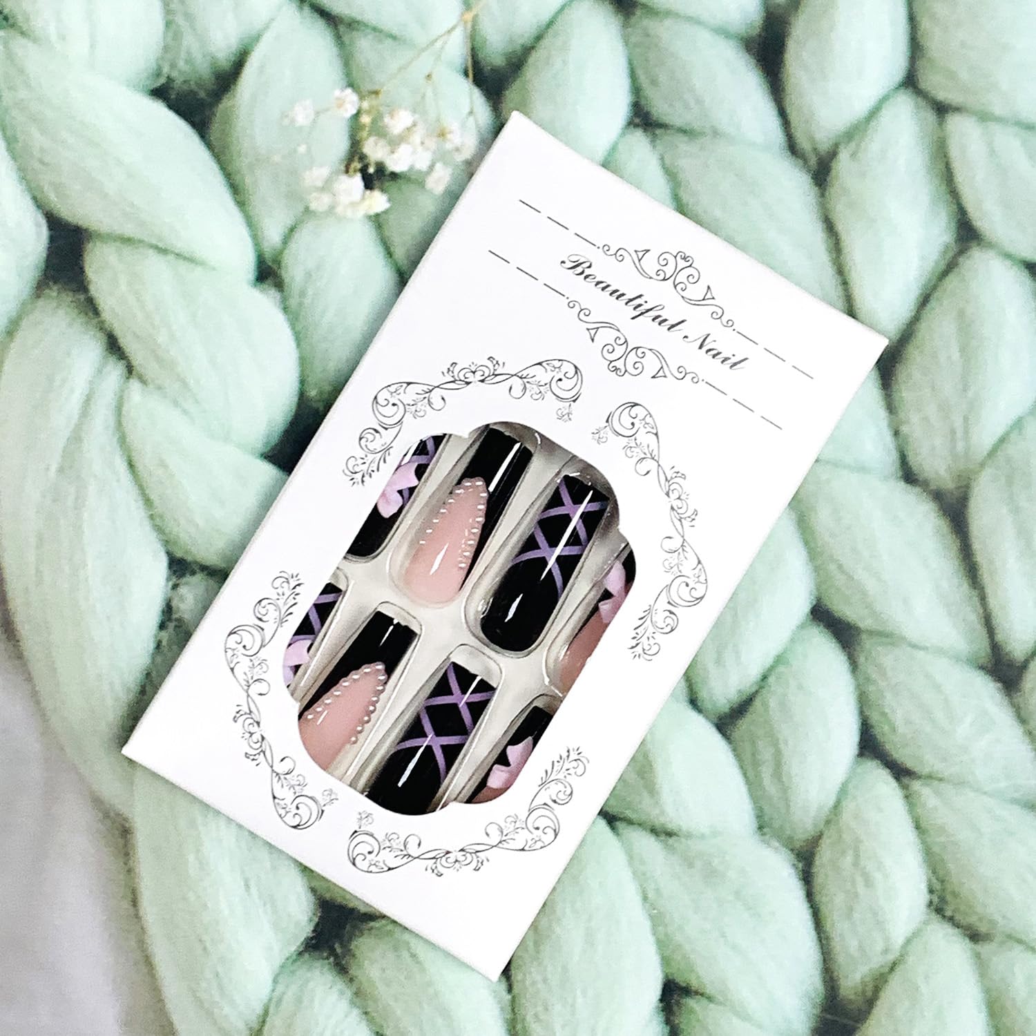 Black Glossy Coffin Press On Nails - Long Acrylic False Nails with Pink Bow Designs & Charm | Full Cover Artificial Nails with Glue | Perfect for Parties, Weddings & Special Occasions