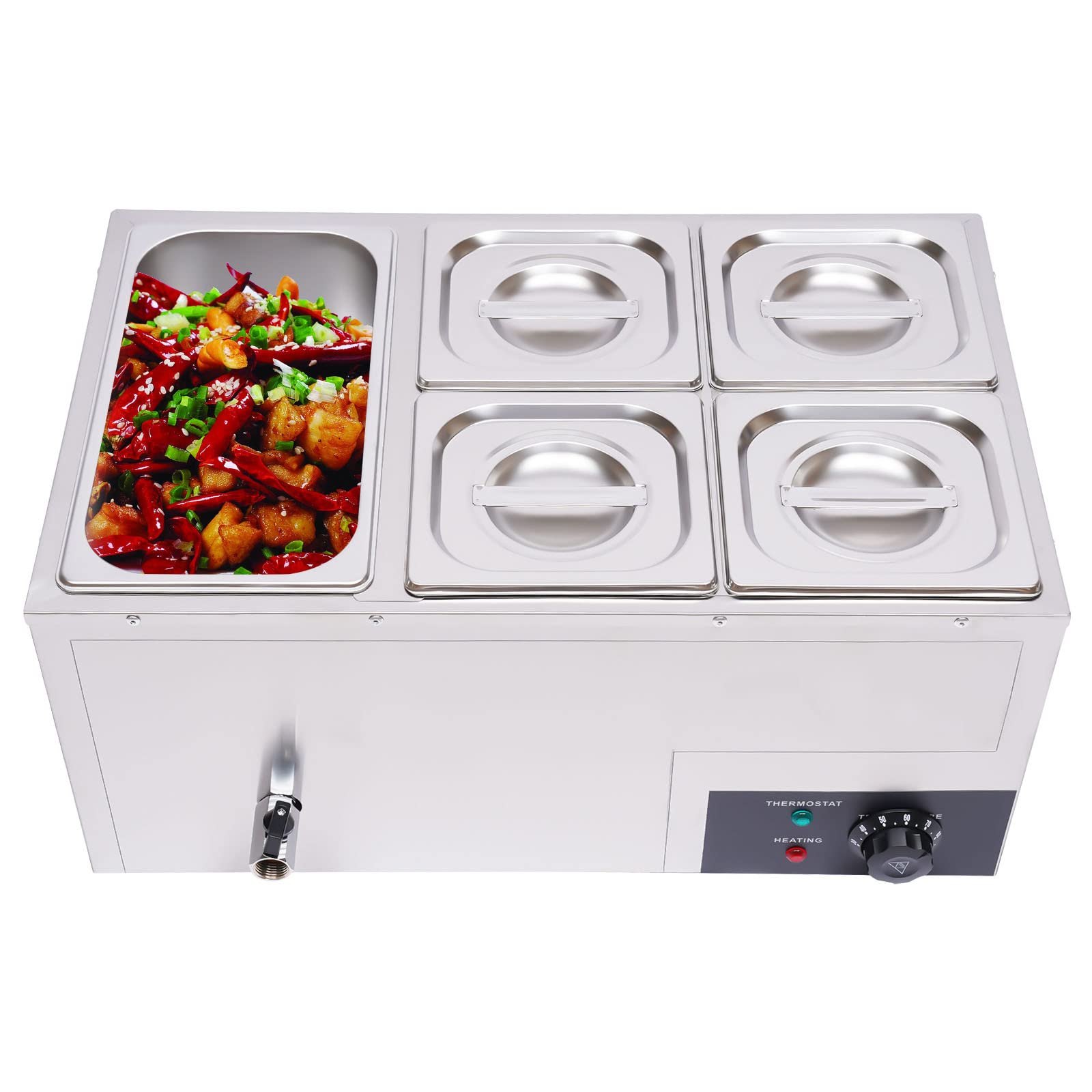 5-Pan Commercial Food Warmer with Lids - 600W Electric Steam Table Warmer | Stainless Steel Buffet Server with 86-185°F Temperature Control | Perfect for Restaurants, Catering & Buffet Service