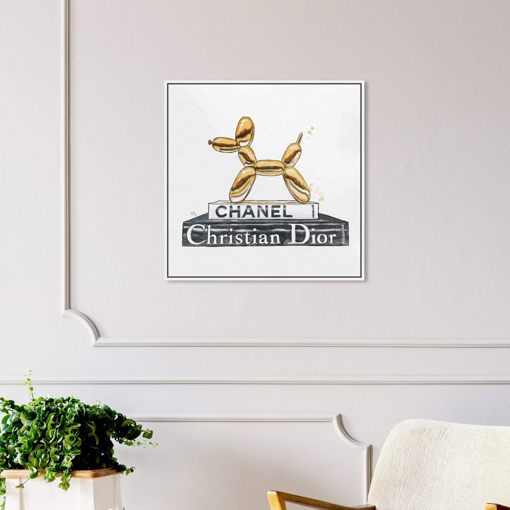 Oliver Gal Artist Co. Balloon Dog Library Framed Wall Art - 24x24 Inch Fashion & Glam Canvas Print in Gold & Gray - Perfect for Home Décor, Living Room, Office & Library Decorations