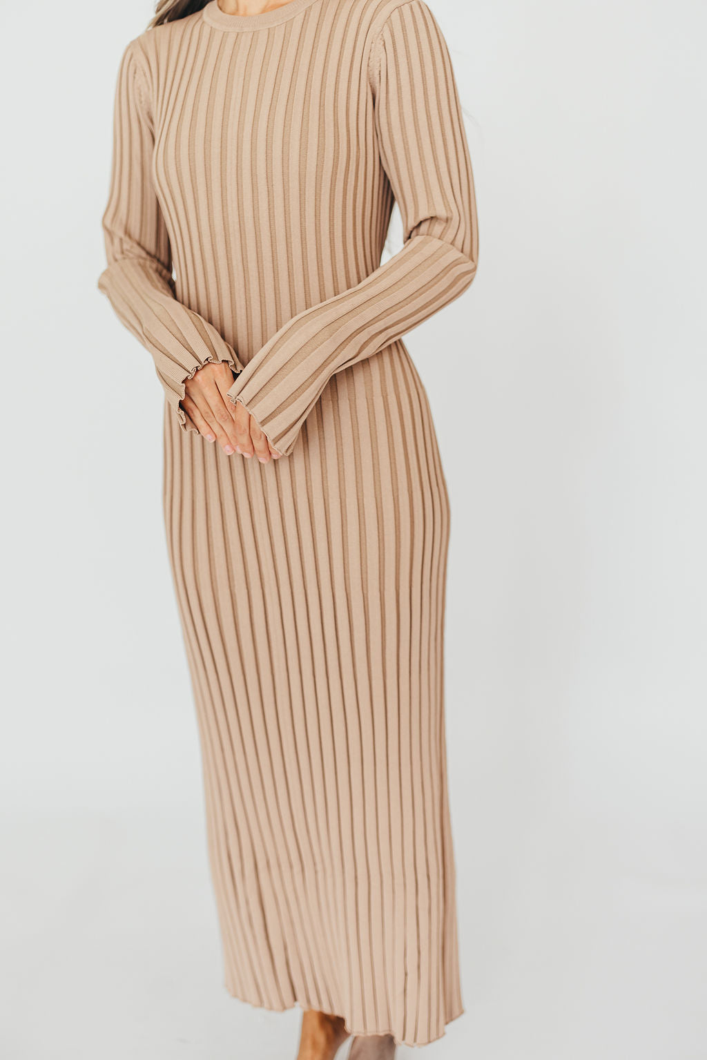 Colette Premium Long Sleeved Ribbed Knit Maxi Dress in Dark Natural - Bump Friendly Maternity Dress for Pregnancy, Nursing & Postpartum | Elegant & Comfortable for Work, Date Night & Special Occasions