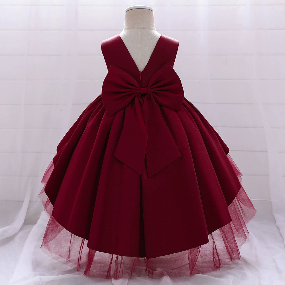 Burgundy Princess Round Tea Length Satin Flower Girl Dress - Perfect for Weddings, Birthday Parties & Special Occasions