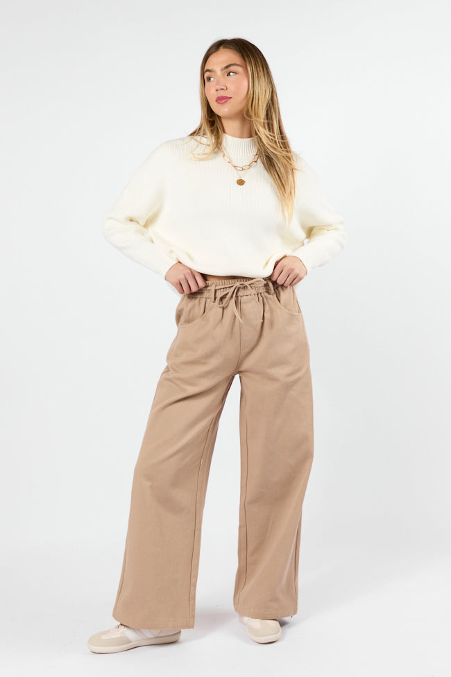 New Flow Khaki Pull-On Wide Leg Pants for Women - Comfortable High Waisted Elastic Waist Trousers - Perfect for Work, Travel & Casual Wear