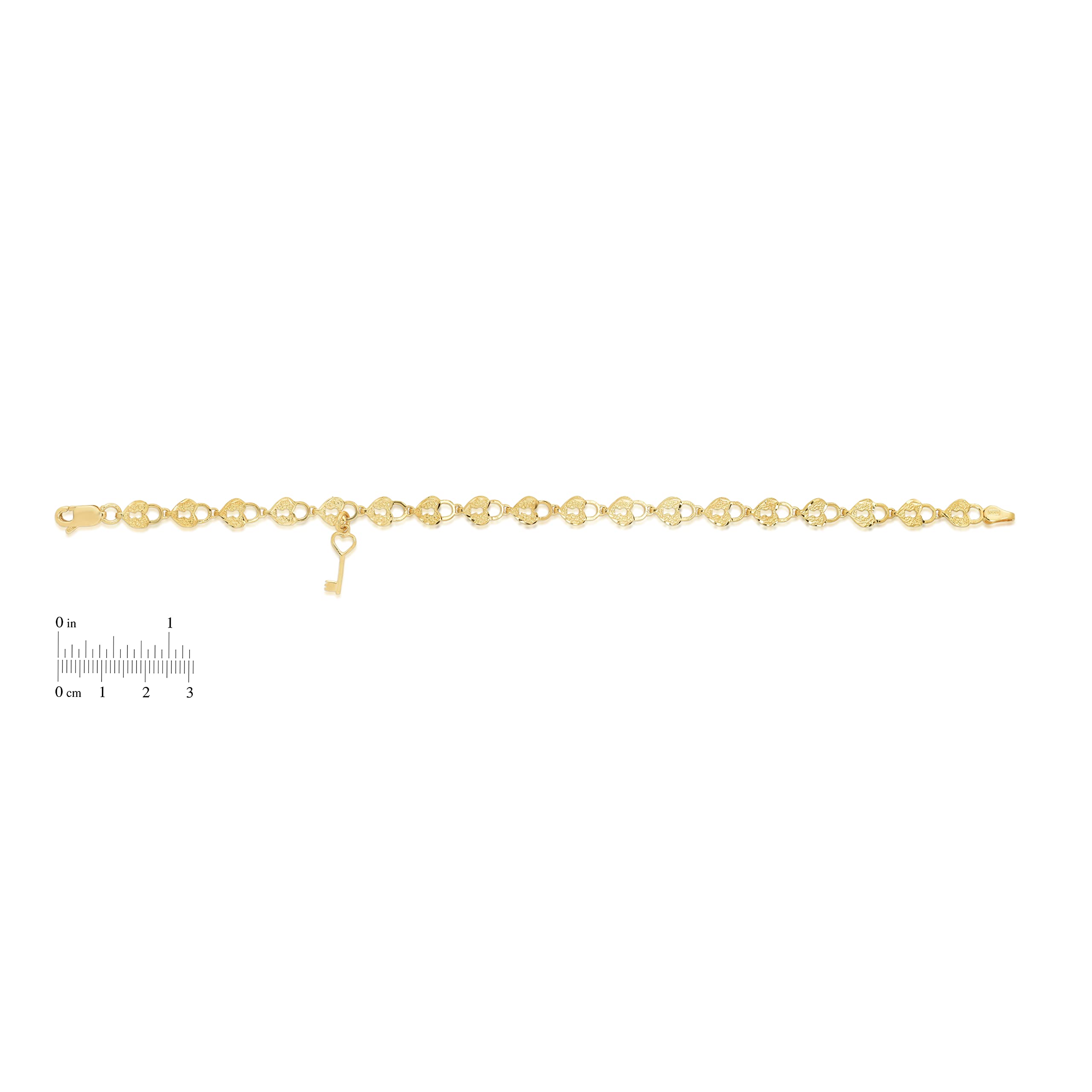 10k Yellow Gold Heart Lock & Key Charm Bracelet for Women - Textured Finish, Dainty Link Chain, Gift for Her - Perfect for Valentine's Day, Anniversary & Romantic Occasions