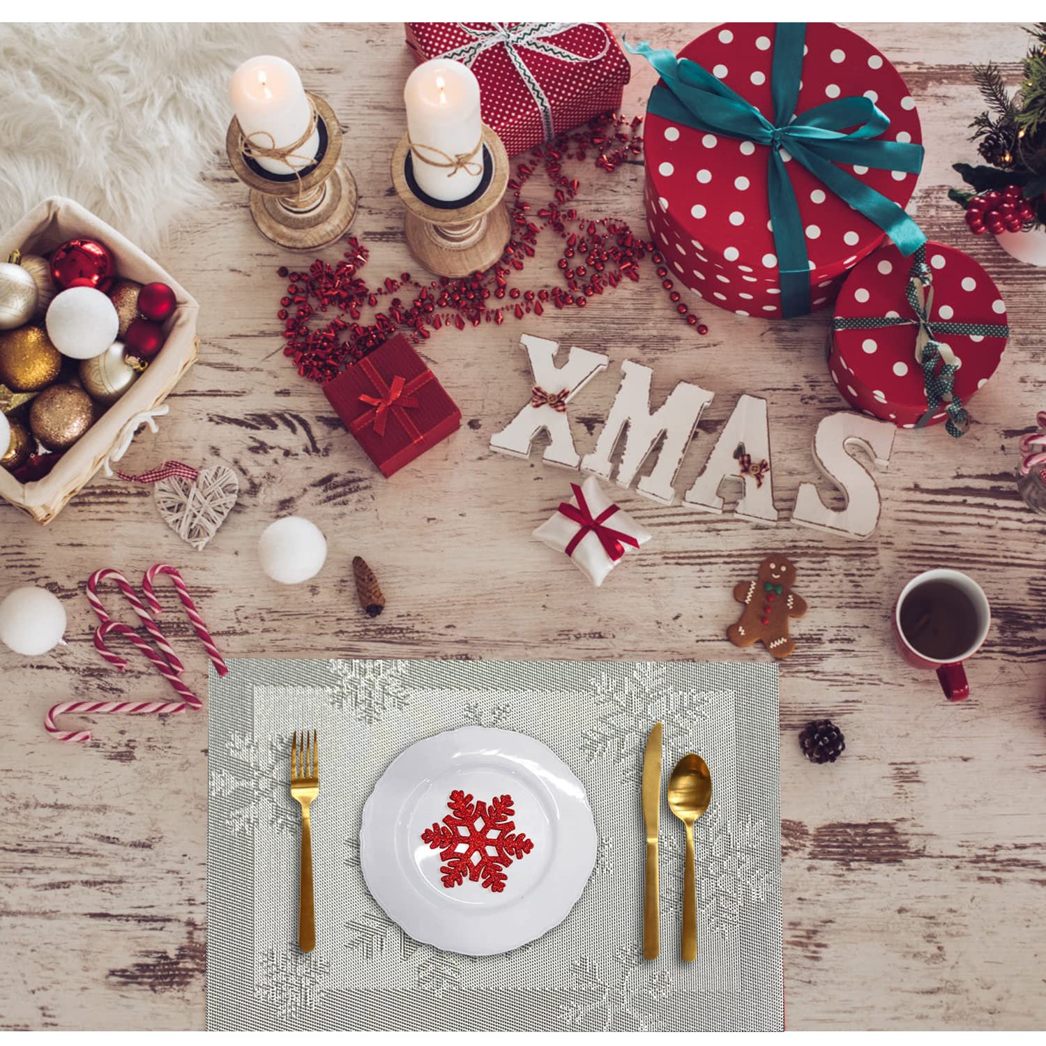 6-Piece Christmas Placemats Set - Woven Vinyl Non-Slip Washable Table Mats for Kitchen Dining, Anti-Skid Holiday Decor (Snow Silver) | Perfect for Festive Dinner Parties & Family Gatherings