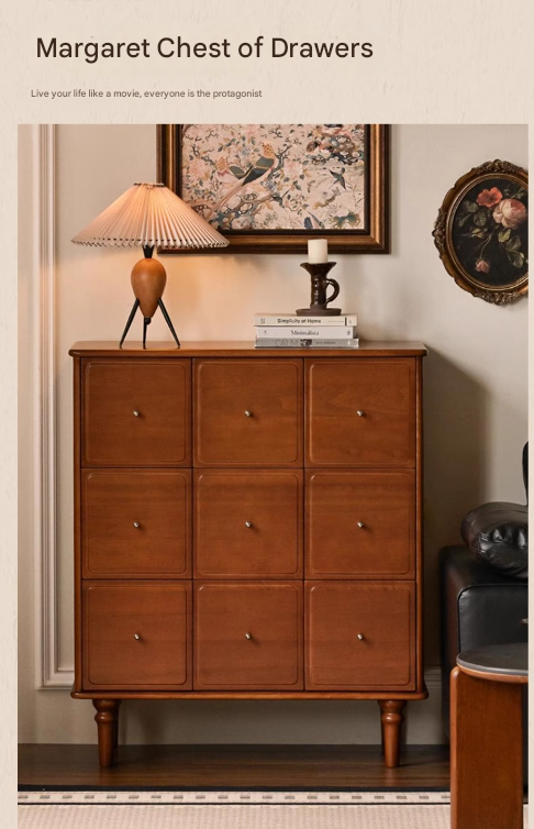 Vintage French Retro 9-Drawer Solid Poplar Wood Cabinet - Elegant Storage for Bedroom, Living Room & Office