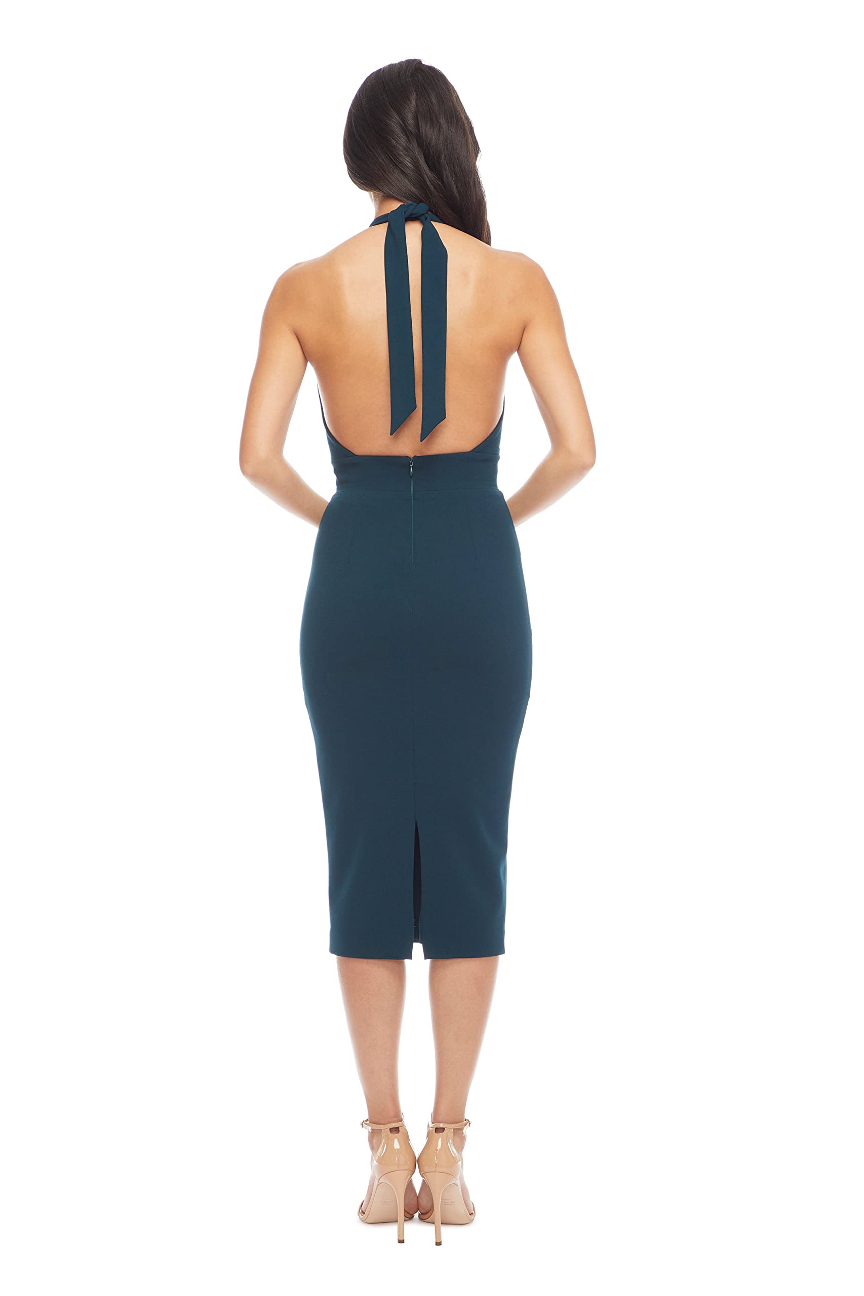 Dress the Population Women's Vanessa Deep Plunge Neckline Halter Bodycon Midi Dress - Sexy Cocktail Party & Evening Gown for Night Out, Date Night, Club Wear