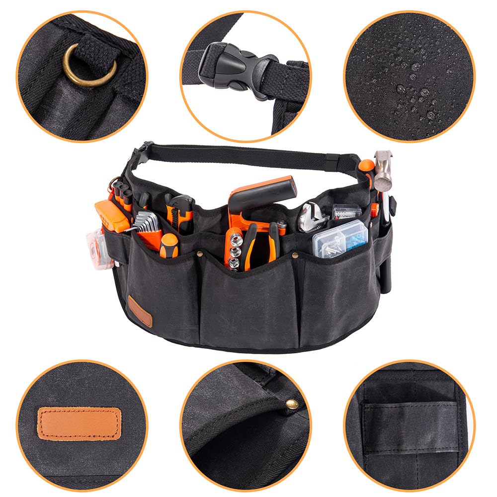 Heavy Duty Waxed Canvas Tool Waist Apron with 10 Pockets & 2 Hammer Loops - Adjustable Length Black Work Belt for Carpenters, Electricians & DIY Projects