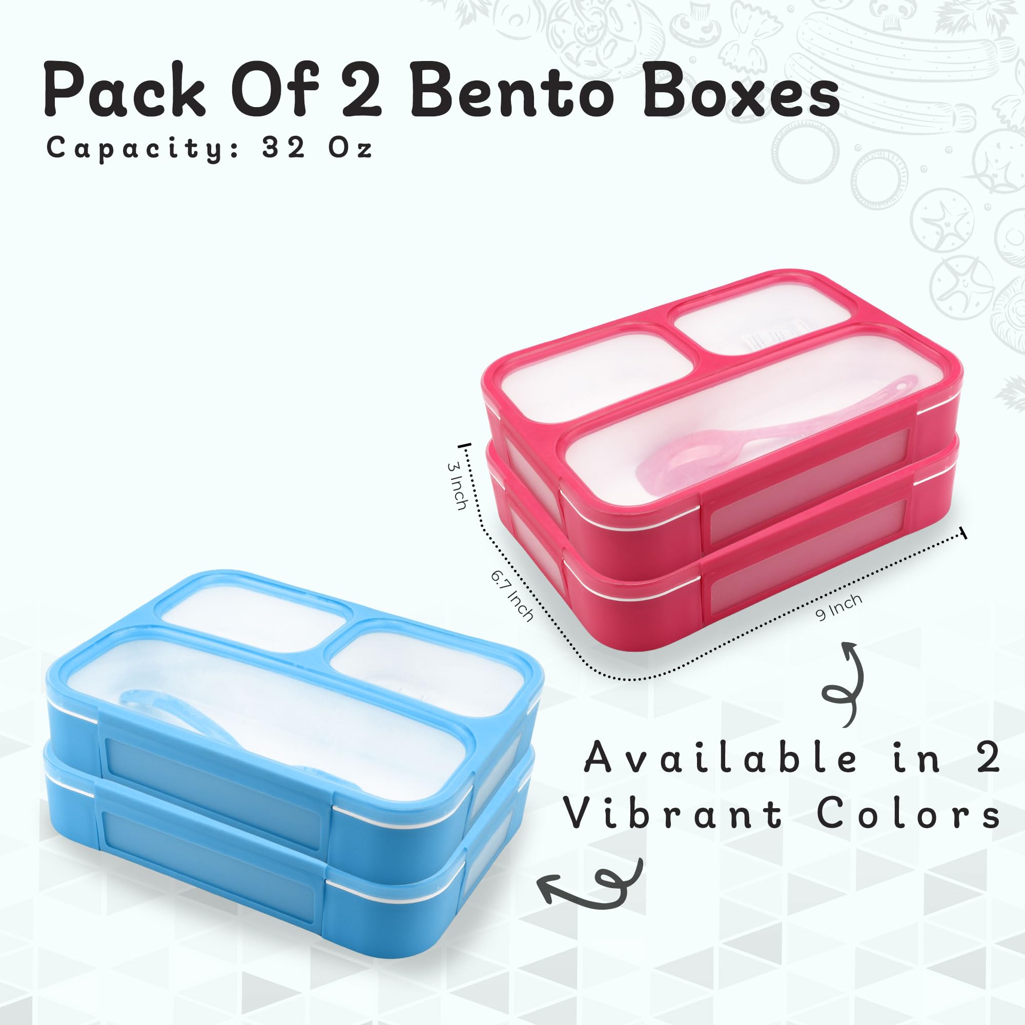 2-Pack Leak Proof Bento Lunch Box with Spoon - 3 Compartment Meal Prep Container for Adults, Portion Control Snack Box for Salad, Fruits & Office Lunch - Ideal for Work, School & Picnics - Pink