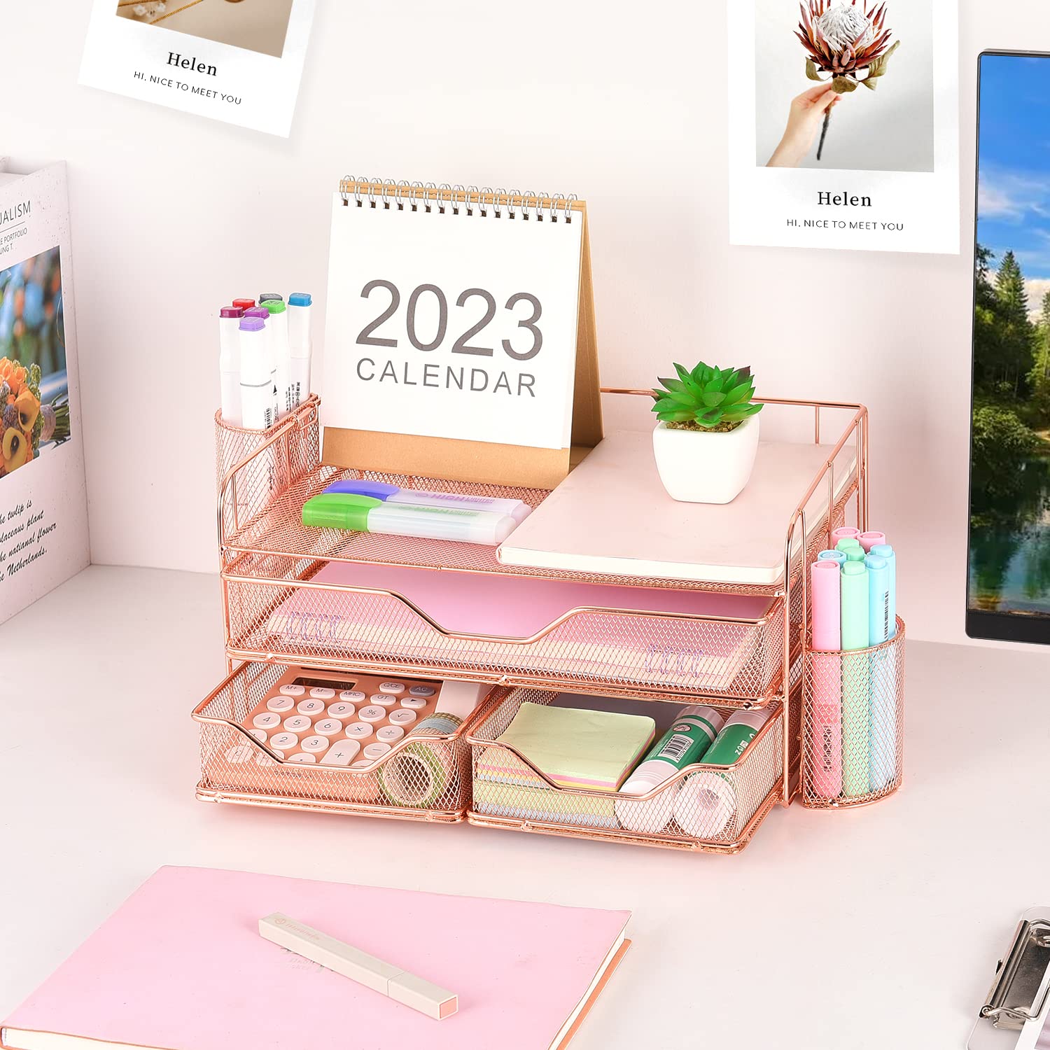 3 Tier Drawer Organizer with 2 Pen Holders - Rose Gold Office Desk Organizer for Home & Workspace | Perfect for Organizing Stationery, Makeup, Jewelry & Office Supplies