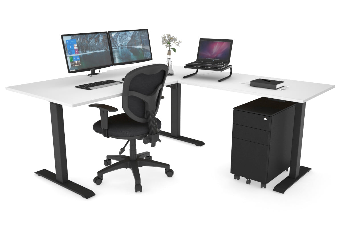 Height Adjustable Corner Workstation with Black Frame - 1400L x 1550W, Cable Management Scallop | Ergonomic Home Office & Commercial Workspace Solution