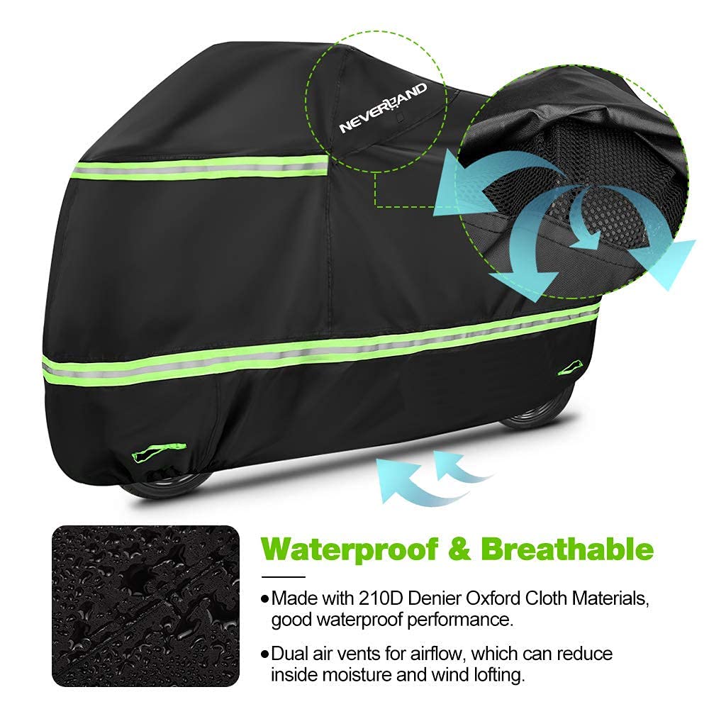 NEVERLAND Heavy Duty Waterproof Motorcycle Cover - All Season Outdoor Protection with Night Reflective & Lock Holes (Fits Up to 117