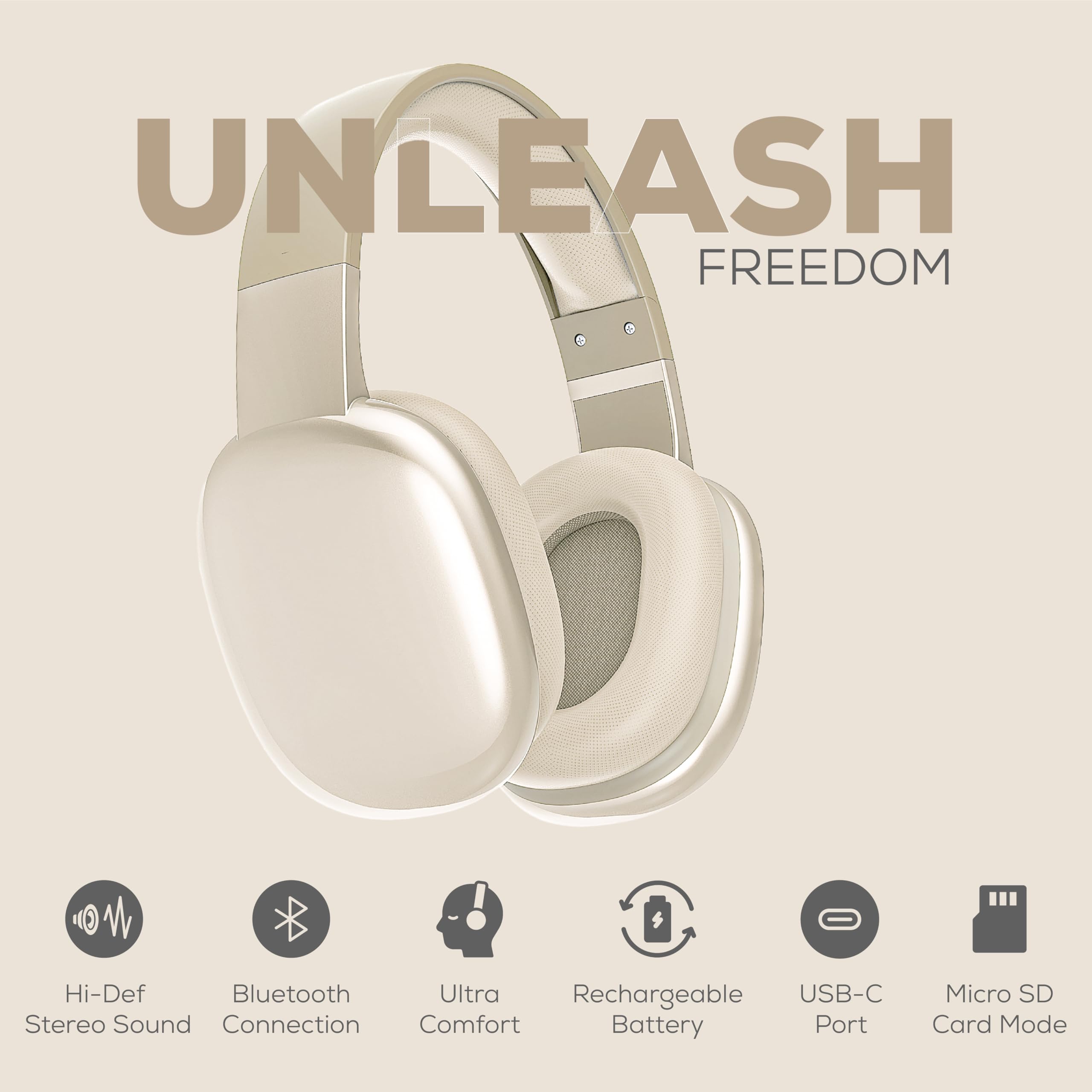 Gabba Goods Wireless Over-Ear Bluetooth Headphones with Mic - Noise Cancelling Headset for Travel, Work & Gaming - Bluetooth 5.0, Wired Mode, Built-in Micro SD - Compatible with TV, PC & Smartphones (Beige) | Perfect for Commuting, Office Calls & Entertainment