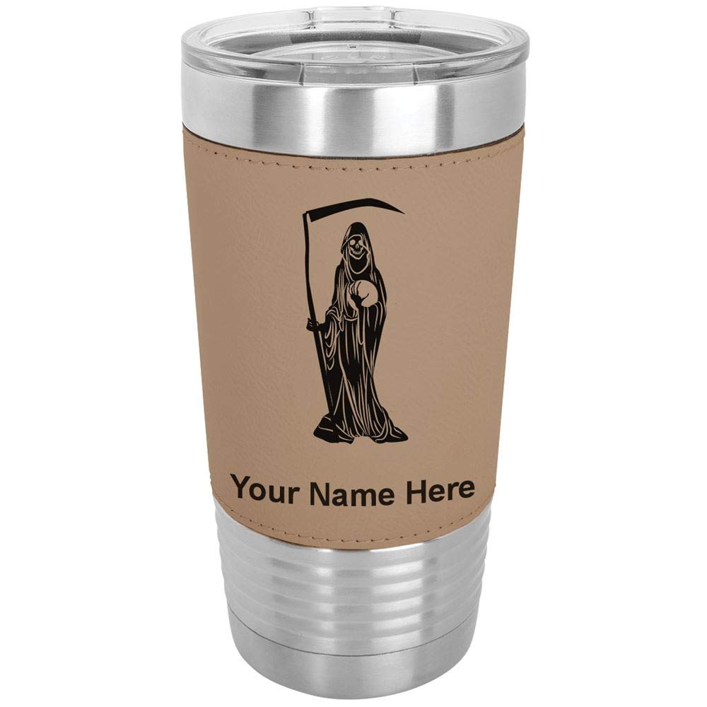 LaserGram 20oz Vacuum Insulated Stainless Steel Tumbler Mug with Personalized Engraving - Santa Muerte Design, Faux Leather Wrap, Light Brown - Perfect for Coffee, Tea & Cold Drinks at Home, Office or Travel