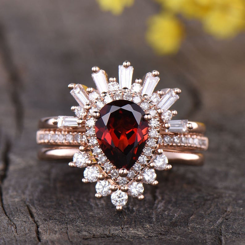 3Pcs Pear Garnet Vintage Engagement Ring Wedding Set - 1.2 Carat Diamond Band for Women, Bridal Jewelry, Anniversary Gift, Proposal & Special Occasions