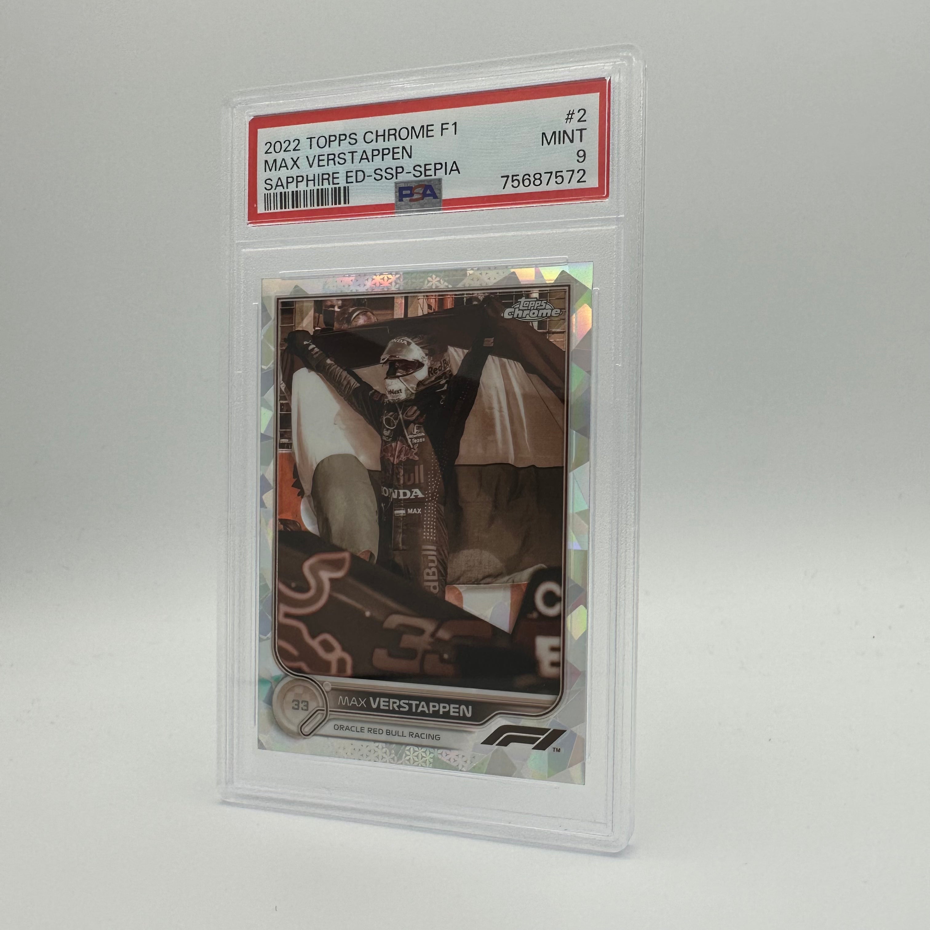 PSA 9 Graded 016/100 MAX VERSTAPPEN #2 SAPPHIRE EDITION SSP SEPIA Trading Card - Rare Collectible for F1 Racing Fans & Sports Memorabilia Enthusiasts