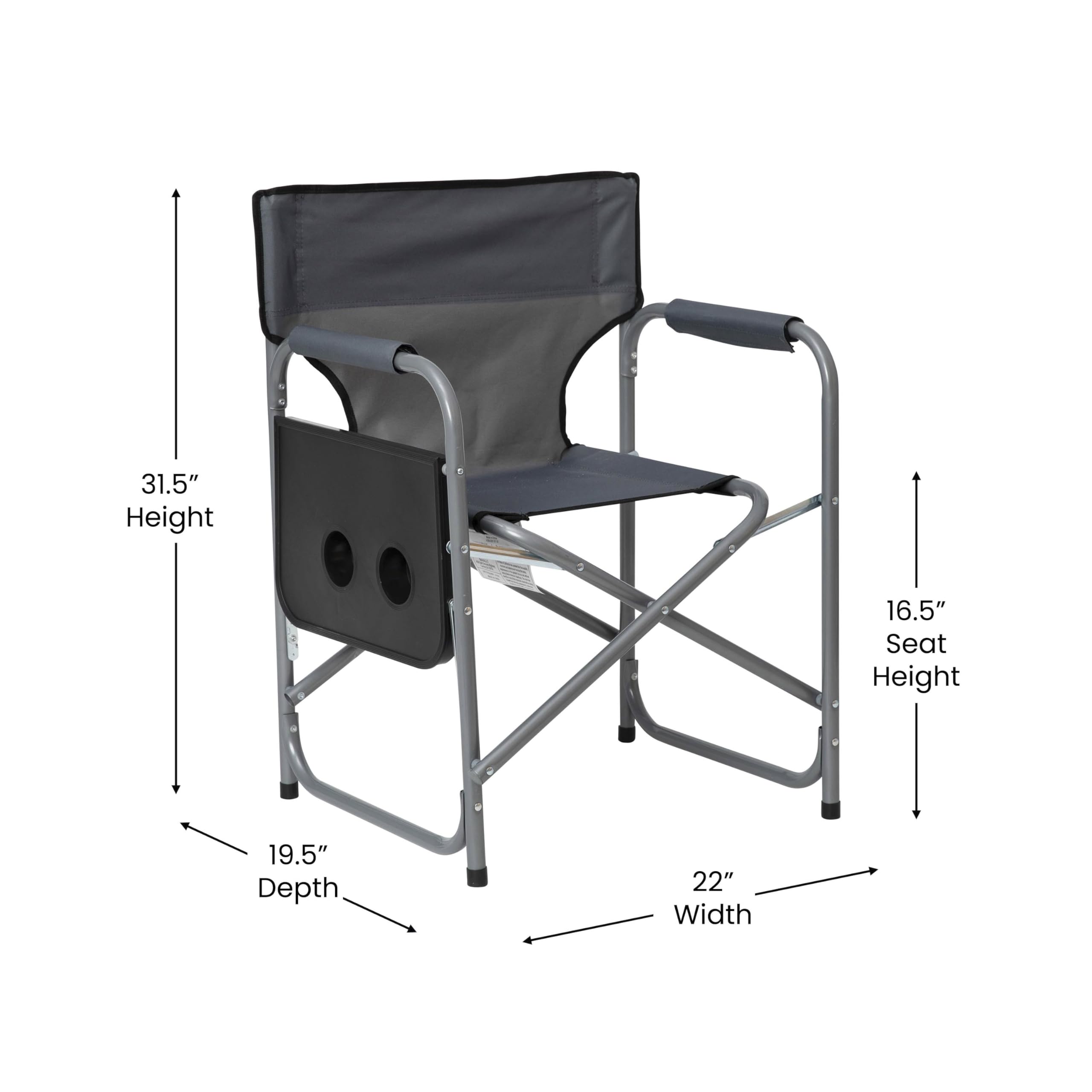 Flash Furniture Benjamin Folding Directors Camping Chair - Portable Gray Sports Chair with Cup Holder & Side Table - Steel Tube Frame for Indoor, Outdoor, Picnic, Beach, Camping & Tailgating Events