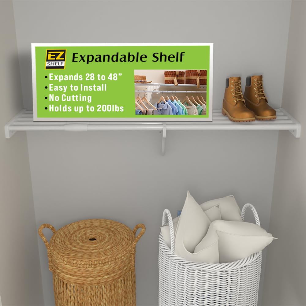 EZ Shelf - DIY Expandable Closet Organizer (28” to 48”) - No Hanging Rod Needed - Easy Install White Wire Shelving for Bedroom & Closet Storage - Perfect Alternative to Traditional Closet Shelves - EZS-SW48