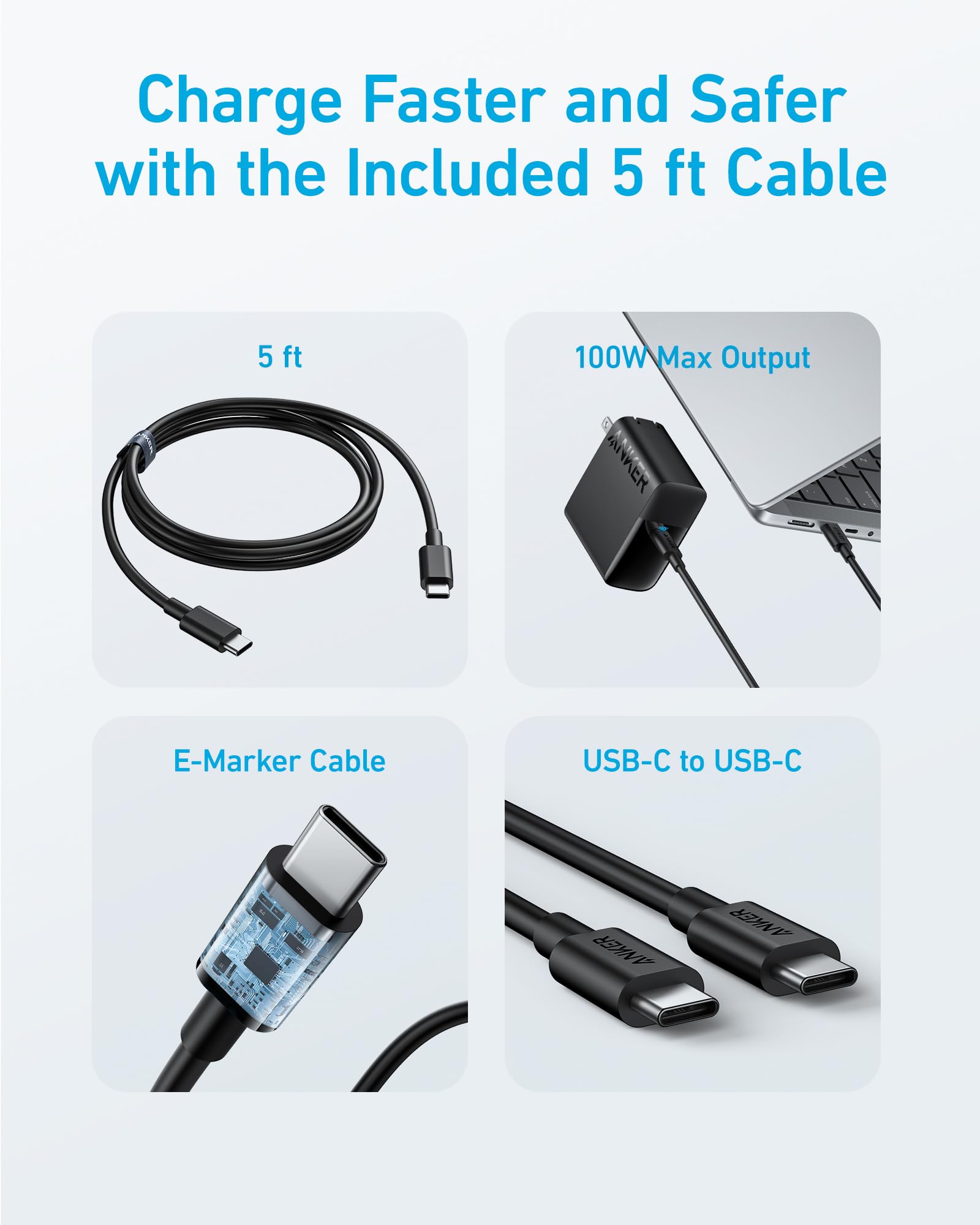 Anker 100W USB C Fast Charger for MacBook Pro/Air, iPad Pro, Samsung Galaxy - Compact & Foldable Power Adapter with 5ft USB C to C Cable - Perfect for Travel, Office & Home Use