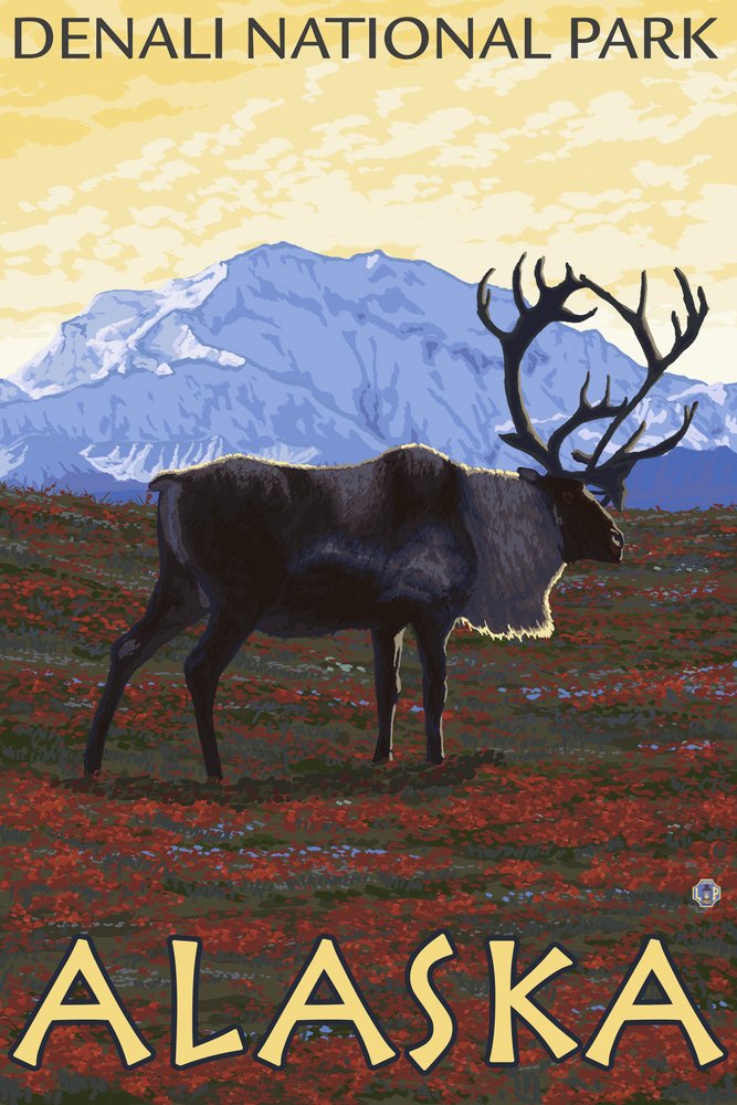 Denali National Park Alaska Caribou Scene 24x36 Signed Art Print - Wildlife Wall Decor Poster for Home & Office - Perfect for Nature Lovers & Outdoor Enthusiasts