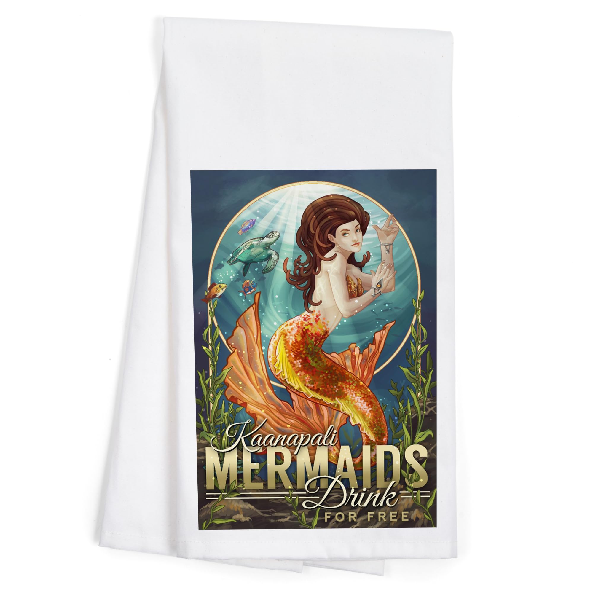 Lantern Press Kaanapali Hawaii Mermaids Drink Free 100% Cotton Tea Towel - Decorative Hand Towel for Kitchen & Home Decor - Perfect for Beach House, Coastal Decor & Gift Giving