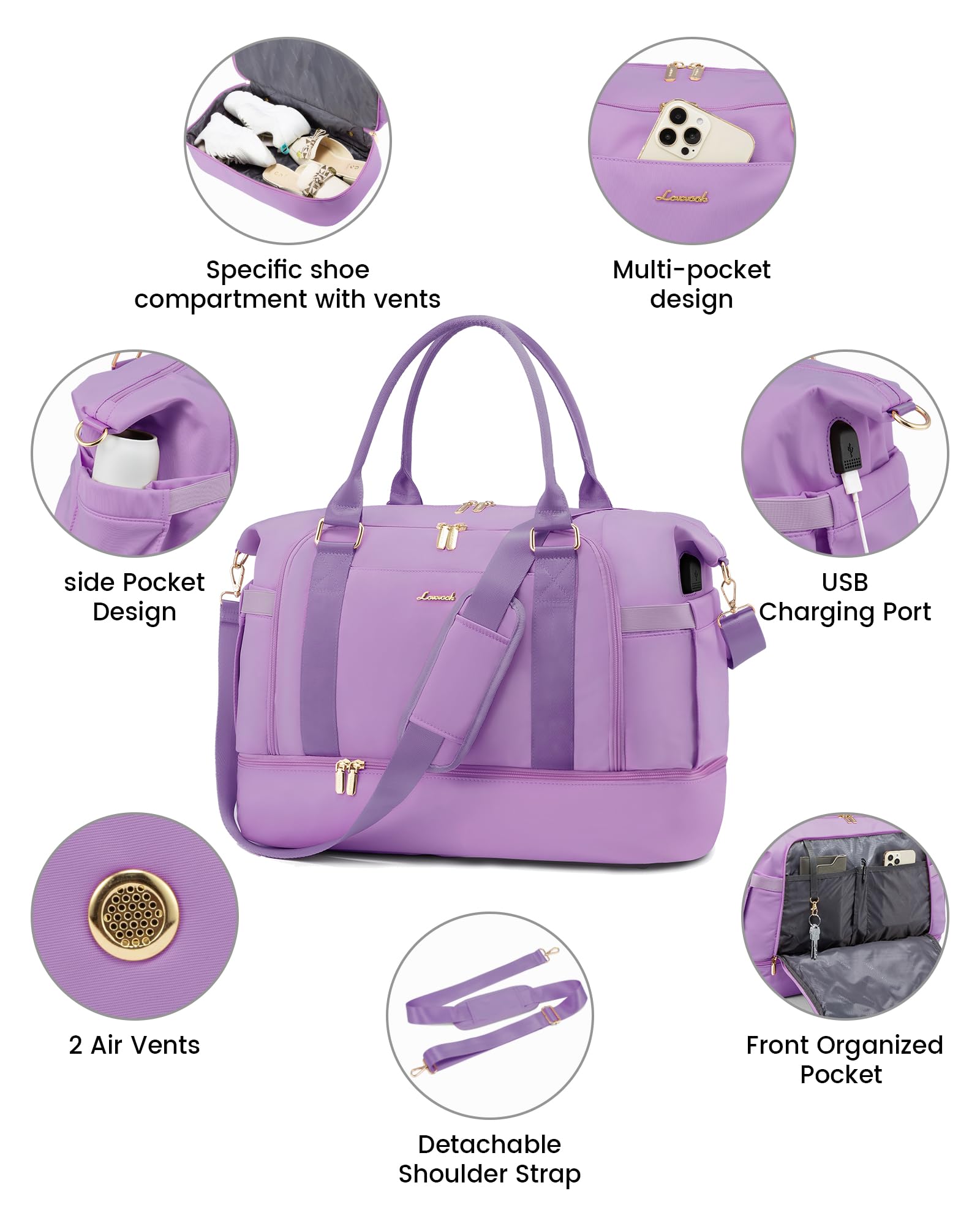 LOVEVOOK Gym Bag for Women - Travel Duffel Bag with USB Charging Port & Shoe Compartment | Weekender Overnight Bag, Toiletry Organizer & Hospital Delivery Bag | Perfect for Workouts, Travel & Maternity Use