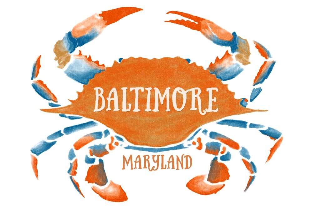 Blue and Orange Watercolor Blue Crab Art Print - 36x54 Giclee Gallery Wall Decor | Maryland Travel Poster, Baltimore Crab Painting for Coastal & Seafood Restaurant Decor