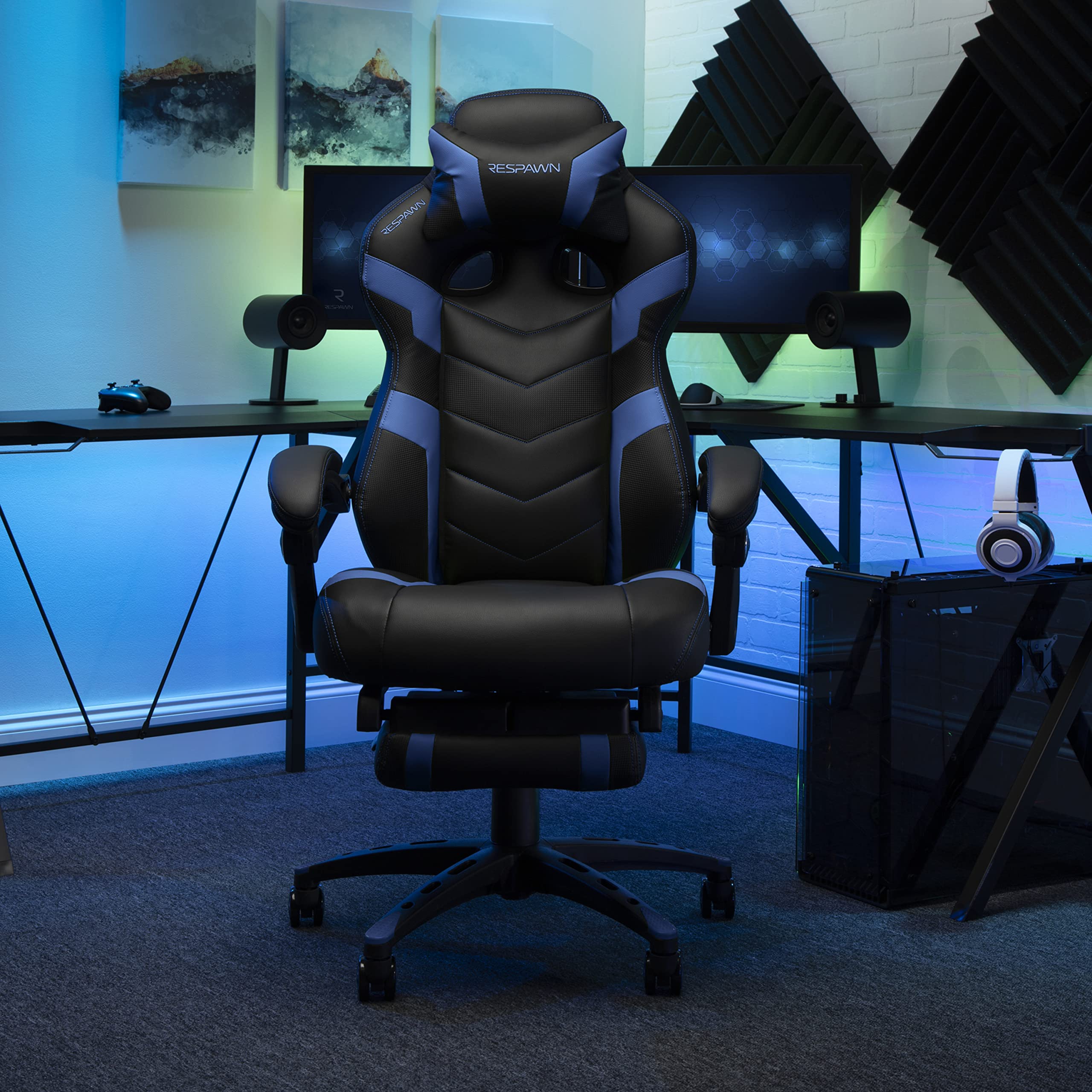 RESPAWN 110 Ergonomic Gaming Chair with Footrest - Racing Style High Back Office Chair with 360 Swivel, Adjustable Lumbar Support & Headrest Pillow - Perfect for PC Gaming, Home Office & Streaming Setup (2021 Blue)