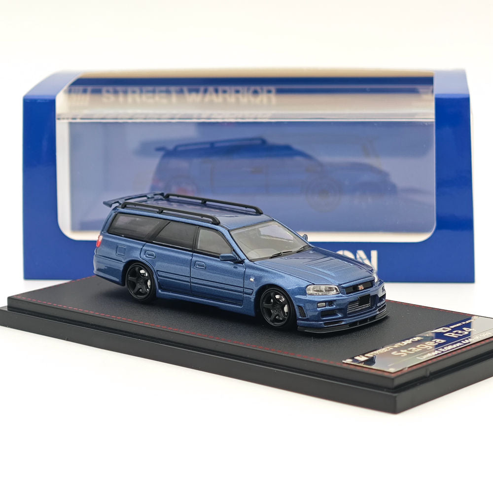 1:64 Scale Street Weapon Nissan Stagea Skyline GT-R R34 Wagon Racing Blue Diecast Model Car - Collectible Toy for Racing Enthusiasts & Display Showcase