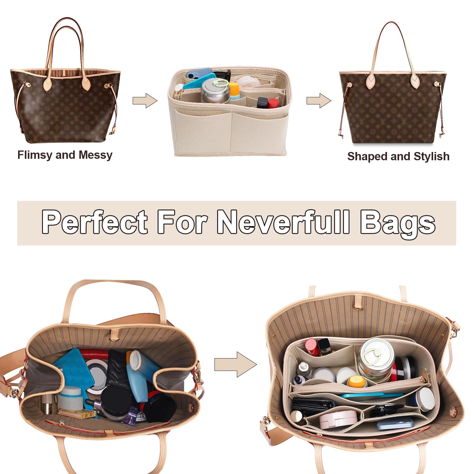Premium Felt Purse Organizer Insert with Metal Zipper - 6 Sizes for Tote Bags, Compatible with Neverfull, Speedy & More | Perfect for Travel, Work & Daily Organization