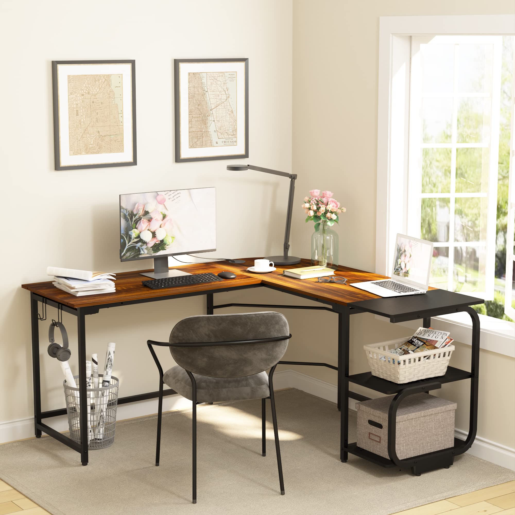 L Shaped Desk with Storage Shelves - Reversible Corner Computer Desk for Home Office & Gaming, Modern Ergonomic L-Shaped Workstation with Spacious Desktop in Teak Finish - Perfect for Small Spaces, Remote Work & PC Gaming Setups