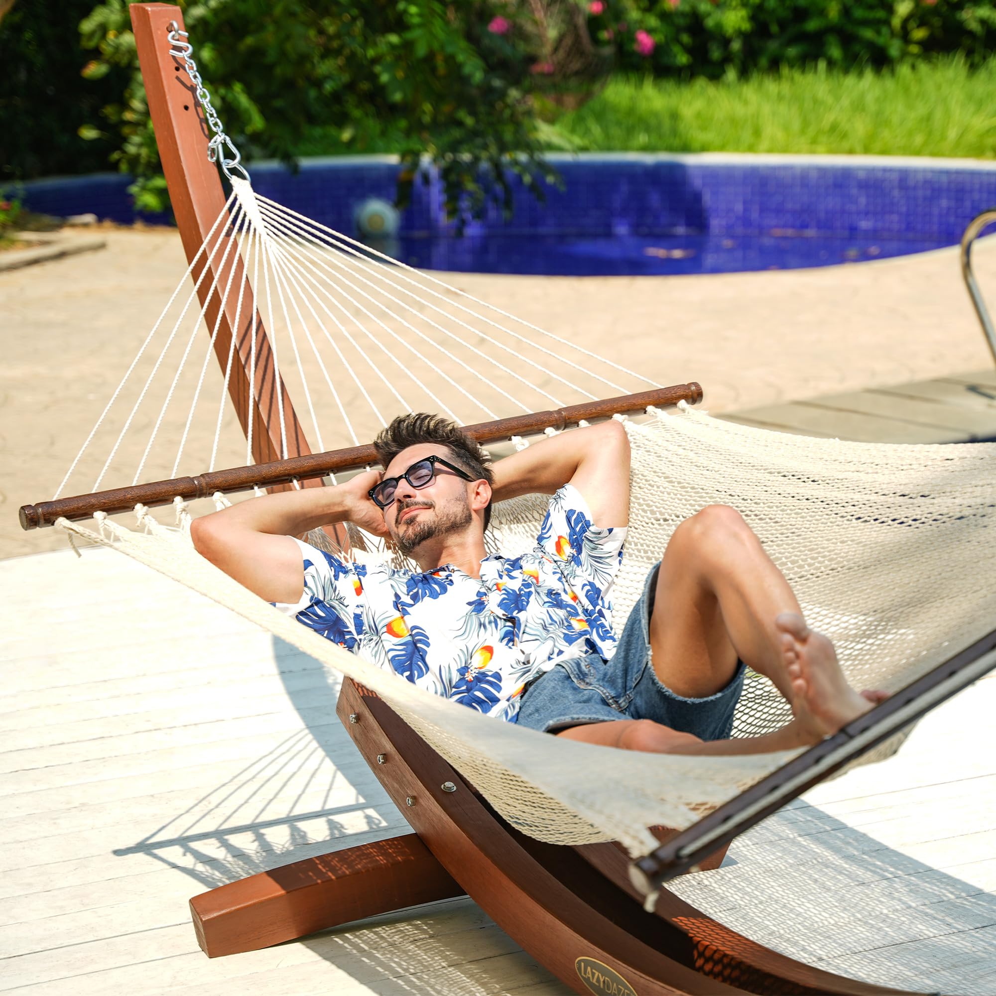 10.5 FT Double 2 Person Caribbean Rope Hammock - Hand Woven Polyester Outdoor Hammock with Spreader Bars - Heavy Duty 450 LBS Capacity - Cream Color - Perfect for Backyard, Patio, Poolside & Beach Relaxation