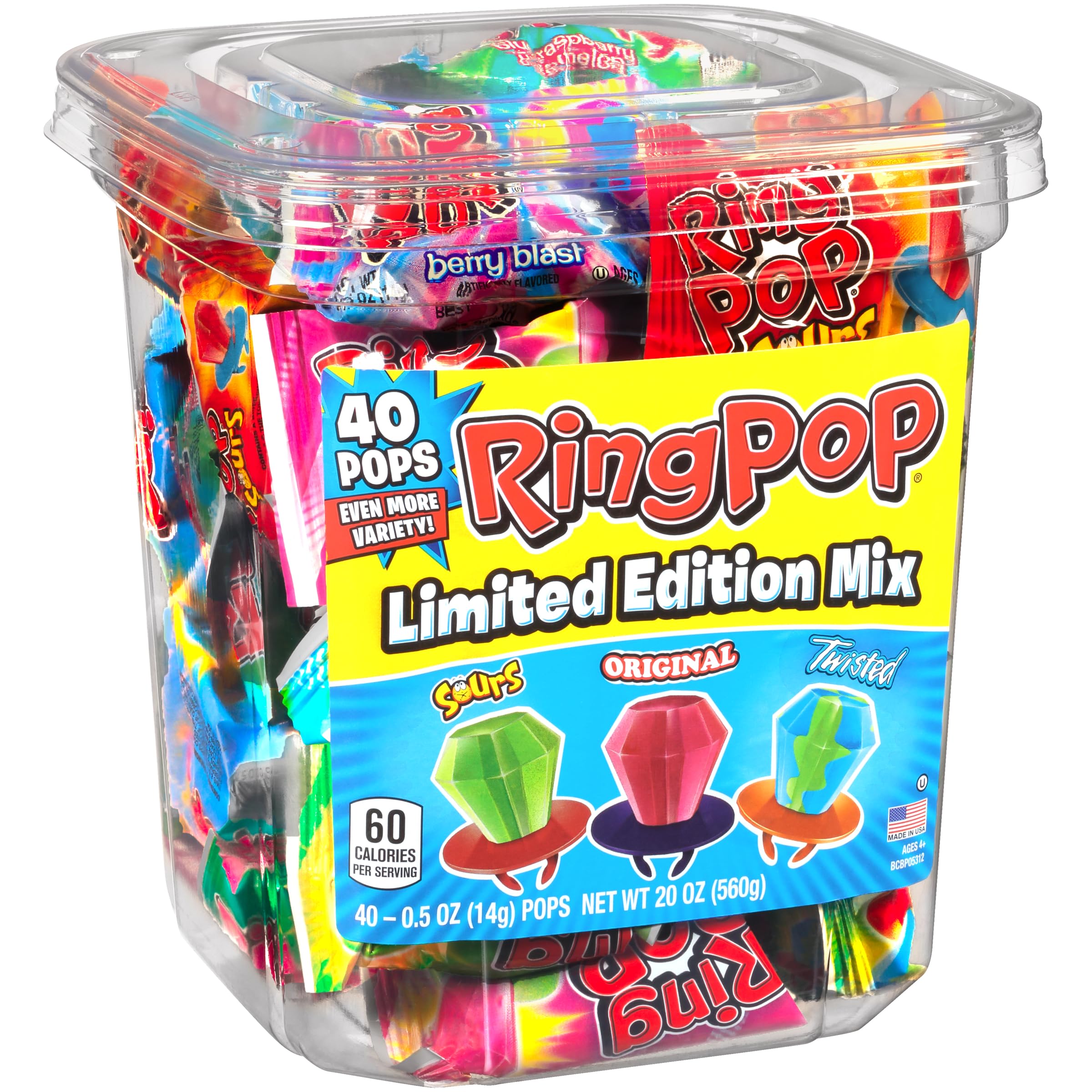 Ring Pop Hard Candy Pops - Assorted Flavors Variety Pack (40 Count, 560g) | Fun Party Favors, Halloween Treats & Birthday Gifts for Kids