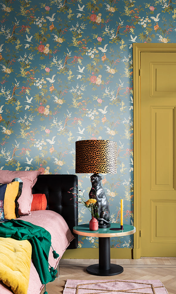 Vintage Blue Dreamy Birds & Floral Wallpaper R6399 - Peel and Stick Removable Wallpaper for Bedroom, Nursery, Living Room Decor