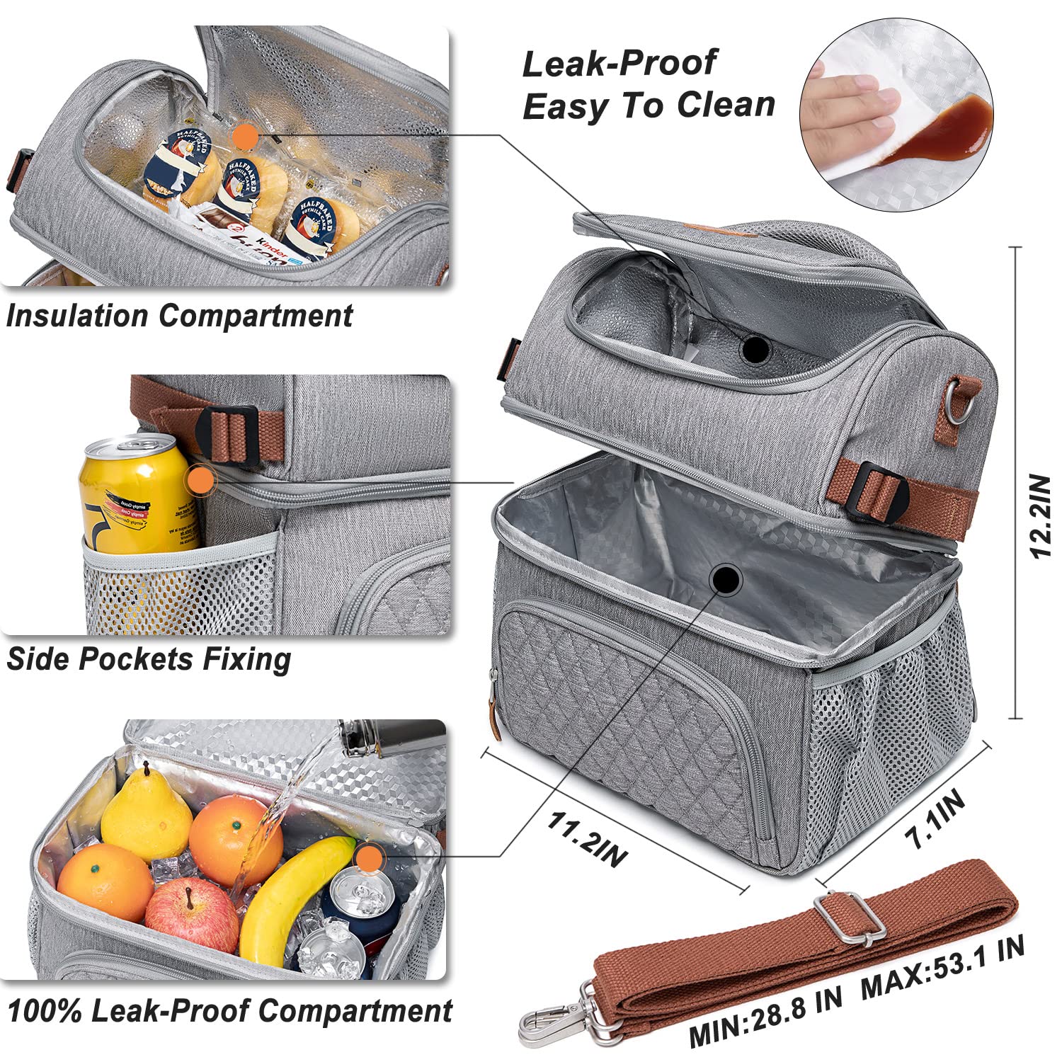 Artelaris Large Insulated Lunch Bag for Men & Women - Leak Proof Double Compartment Cooler Tote for Work, School & Picnics - Black & Grey Lunch Box with Dual Deck Design