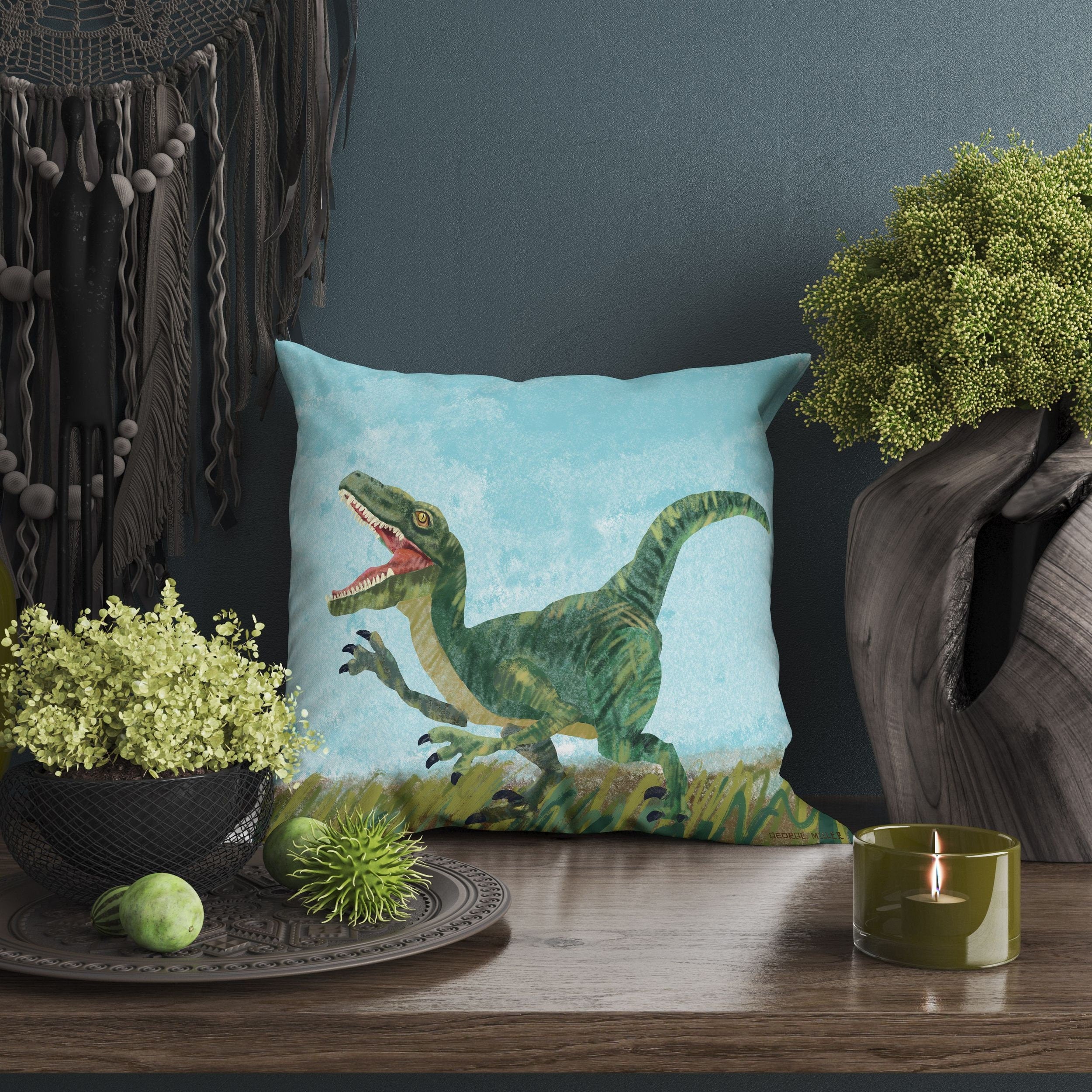 Tyrannosaurus Rex Dinosaur Pillow Cases for Kids - Soft Abstract Throw Pillow Cover with Original Art - Green Decorative Toss Pillow for Bedroom, Living Room & Dinosaur Theme Decor