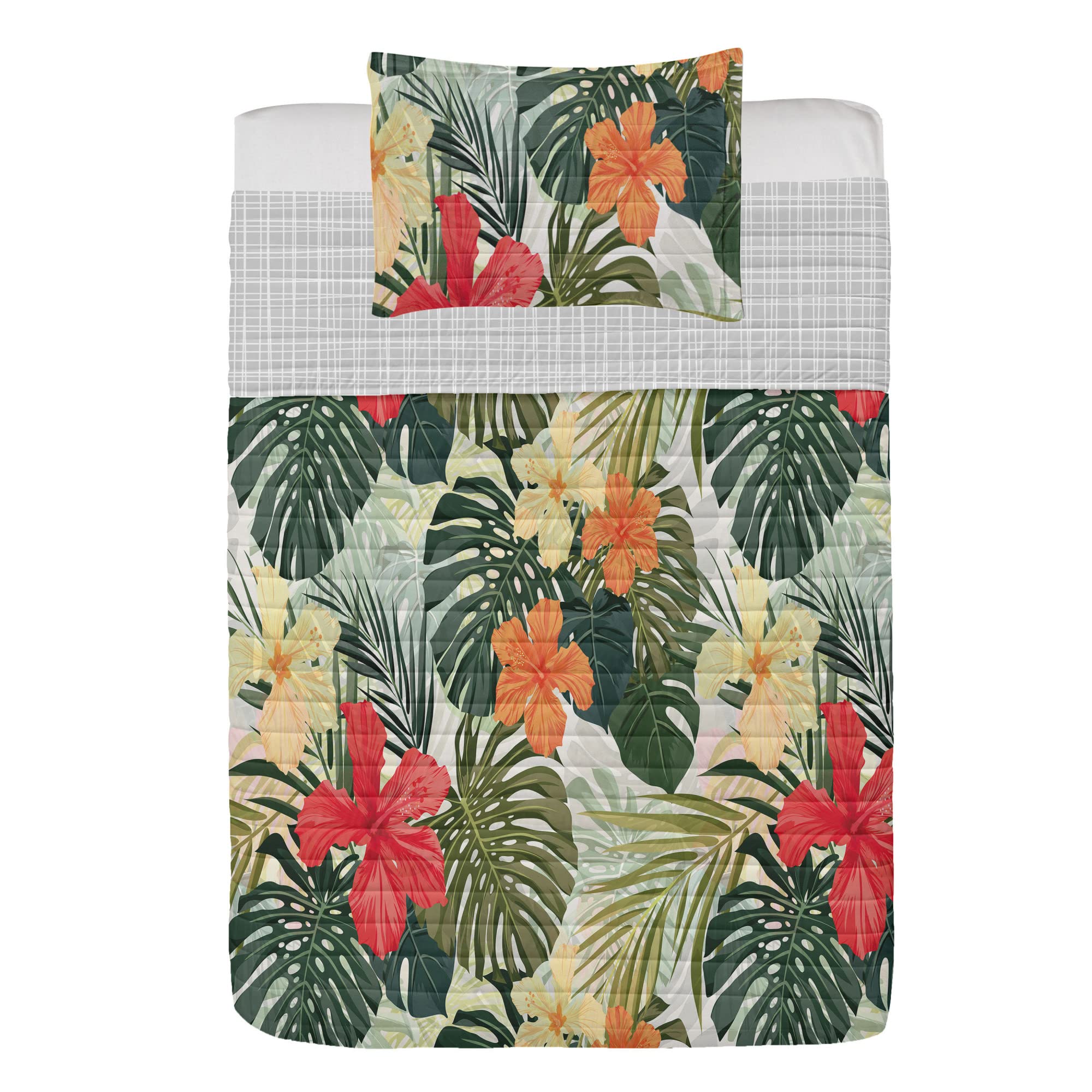 Ambesonne Reversible Leaf Bedspread Set - Tropical Hawaiian Summer Island Design with Hibiscus Flowers & Vegetation, Microfiber Comforter & Pillow Shams, Twin Size in Green, Orange & Yellow - Perfect for Beach House, Summer Bedroom Decor & Tropical Themed Rooms