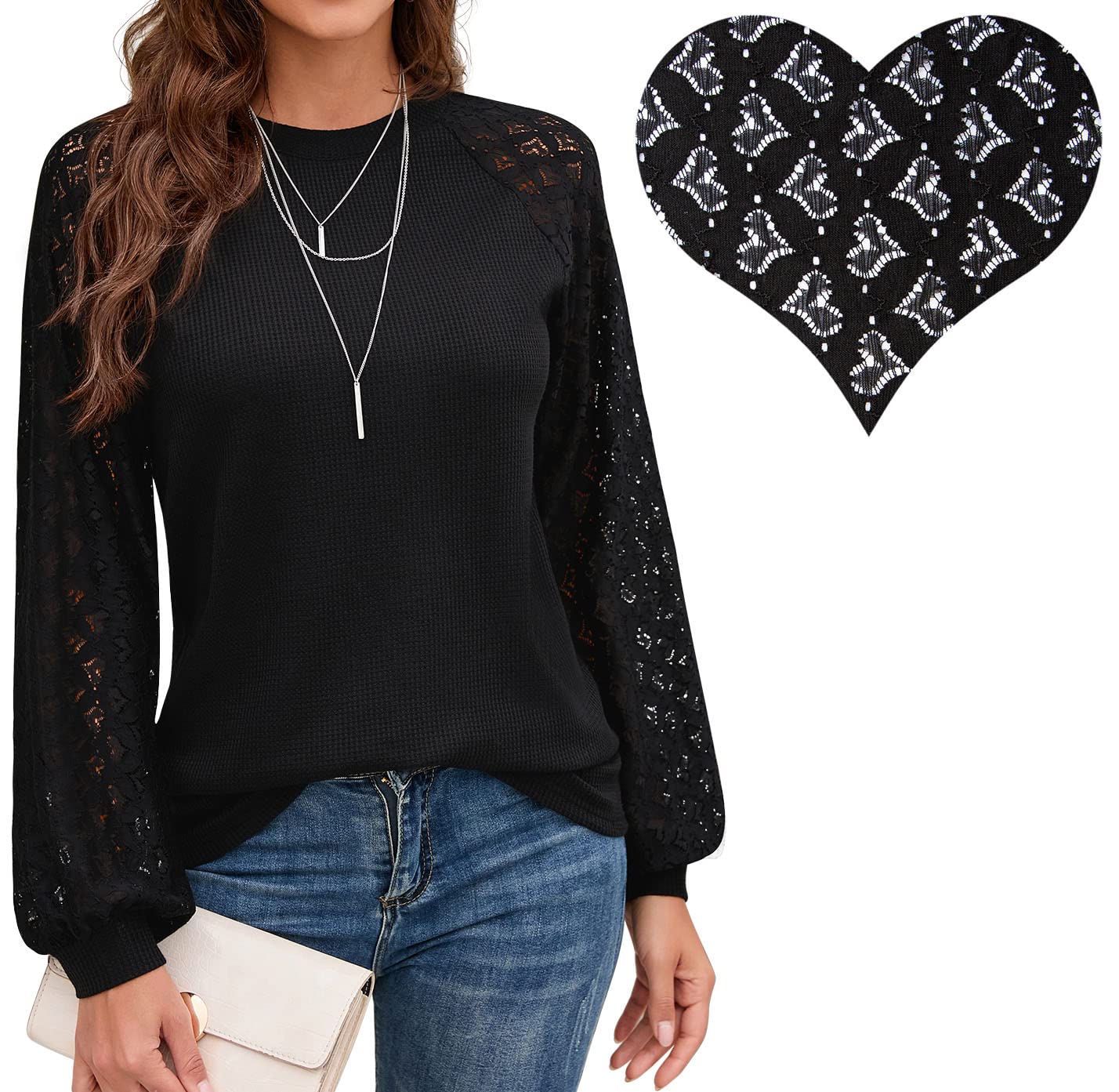 IWOLLENCE Women's Waffle Knit Blouse - Puff Long Sleeve Lace Top Casual Loose T-Shirt for Women | Elegant Office Wear & Date Night Outfit