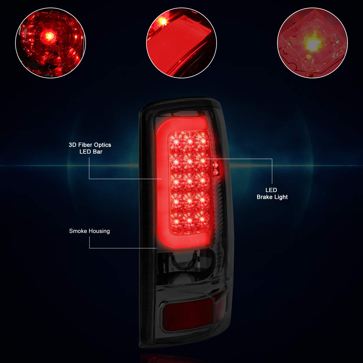 PM PERFORMOTOR C-Shape 3D LED Tail Lights Brake Lamps Assembly for 00-06 Chevy Tahoe & GMC Yukon - Chrome Housing with Smoked Lens - Upgrade Your Ride for Better Visibility & Style