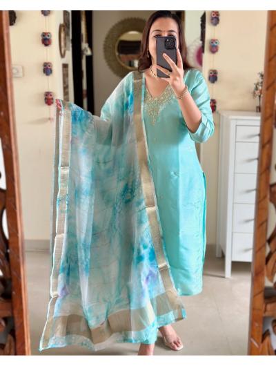 Elegant Sky Blue Silk Kurti, Pant & Dupatta Set of 3 - Perfect for Indian Weddings, Festivals & Special Occasions